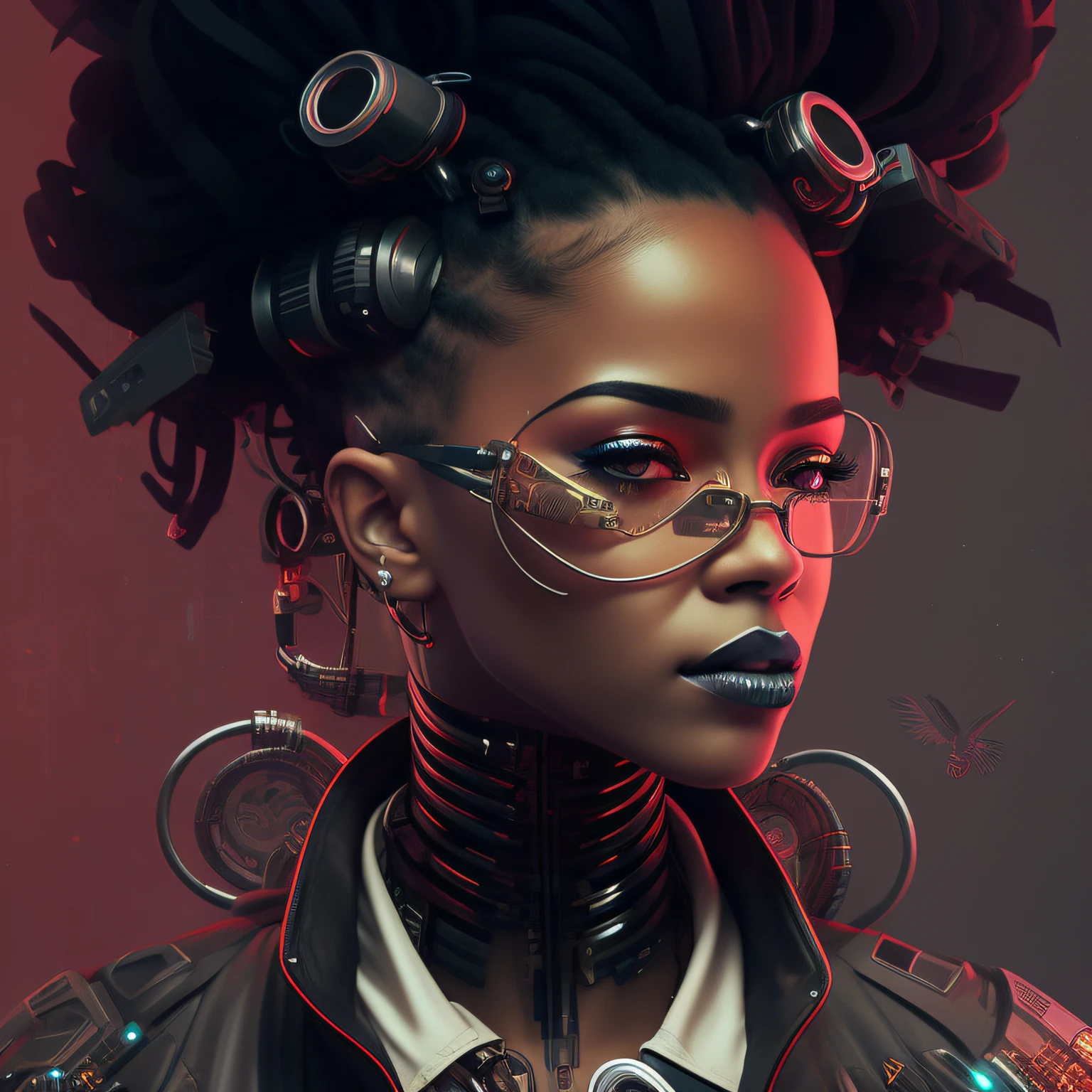 There is a woman with a futuristic hairstyle and glasses, Ross | afrofuturismo, retrato cyberpunk, O retrato da menina cyberpunk, afrofuturismo, stunning digital illustration, Retrato de um ciborgue cyberpunk, estilo afrofuturismoo, cara bonita da menina cyberpunk, pintura digital cyberpunk, Retrato CGSetivity, portrait of a cyberpunk machine, cyberpunk themed art, mulher cyberpunk, dark cyberpunk illustration