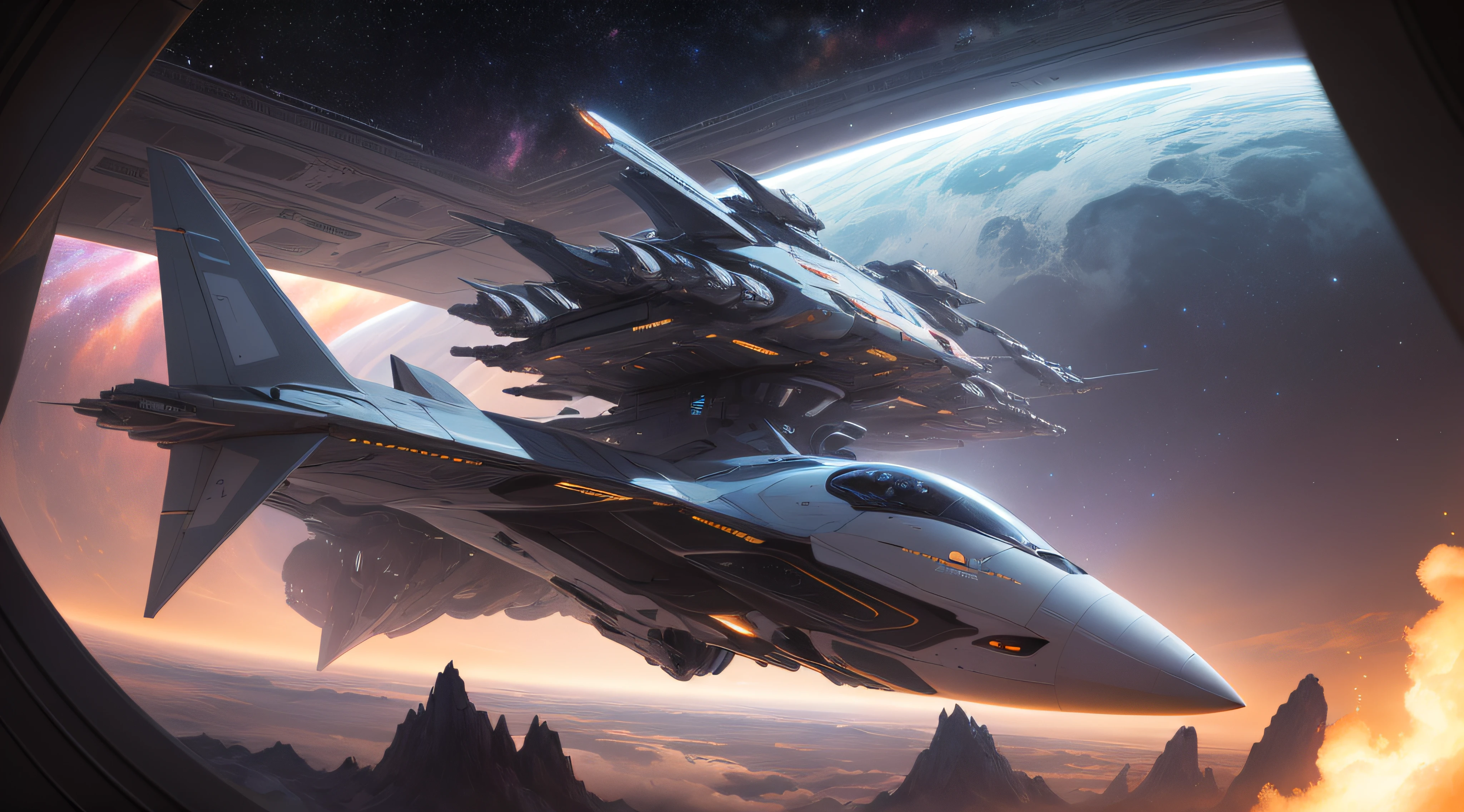 concept -art RetroFuturismAI: A wedge-shaped spaceship with a symmetrical shape, Dark shades, command post, in space against the backdrop of a spiral galaxy,
