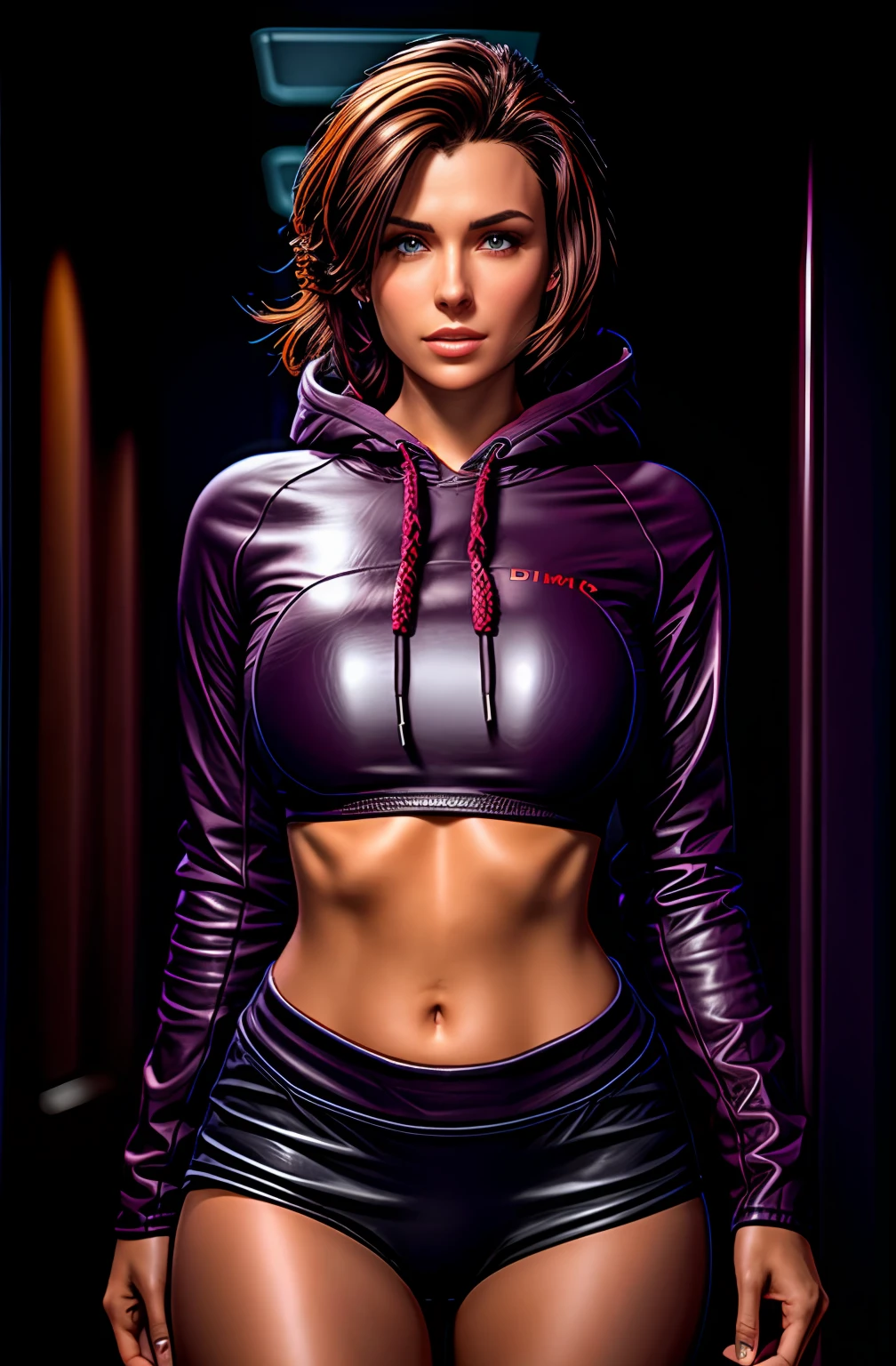 dark brown haired gamer girl leaning into the camera, photo from front above, dark red hoodie, large leather gamer headphones, medium breasts, skintight black top:1.2, cleavage, purple bra:1.2, looking at viewer, soft colors, cinematic lighting, perfect anatomy:1.2, round breasts:1.2, well-organized, neat:1.2, perfect proportions, smooth clothes