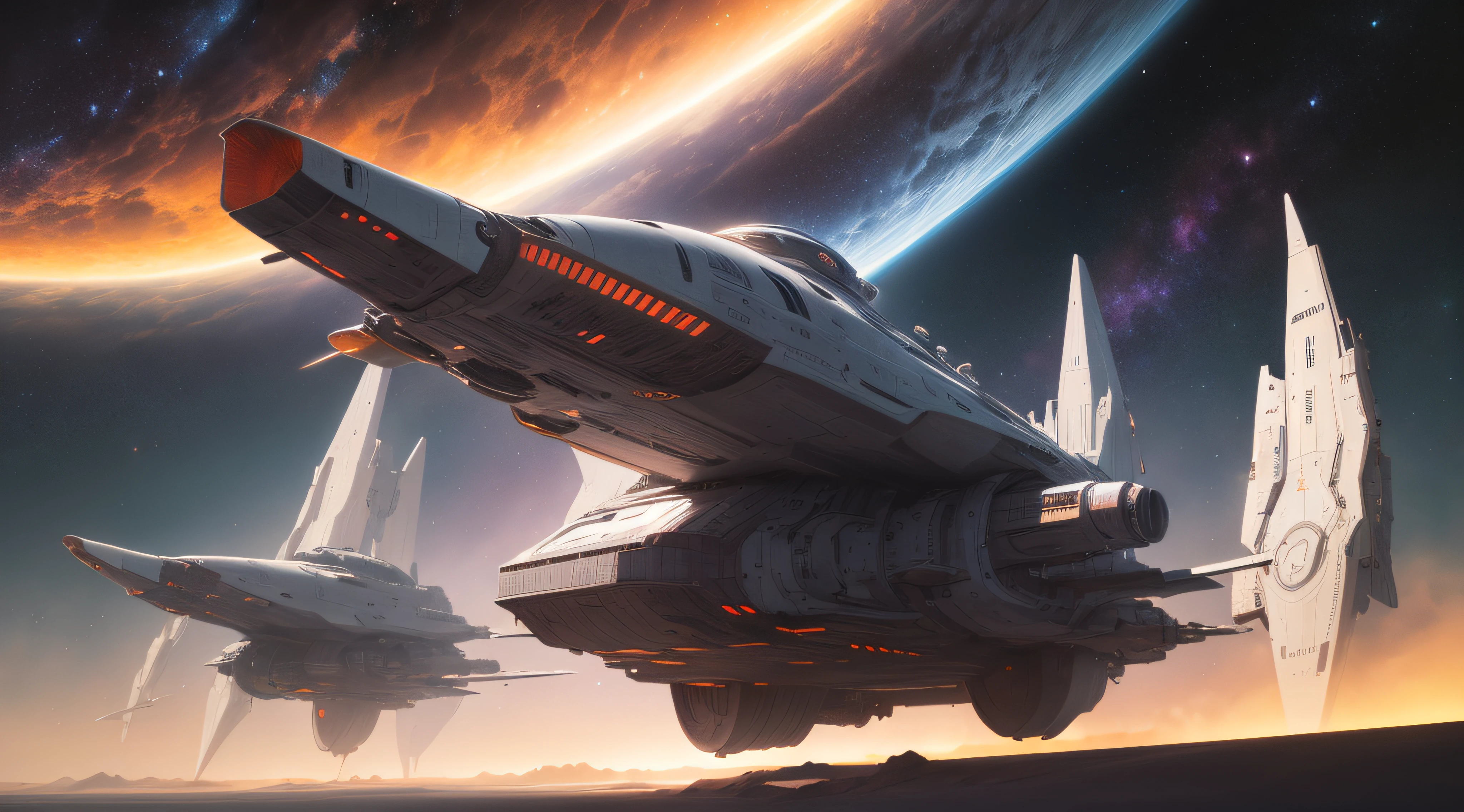 concept -art RetroFuturismAI: A wedge-shaped spaceship with a symmetrical shape, Dark shades, command post, in space against the backdrop of a spiral galaxy,