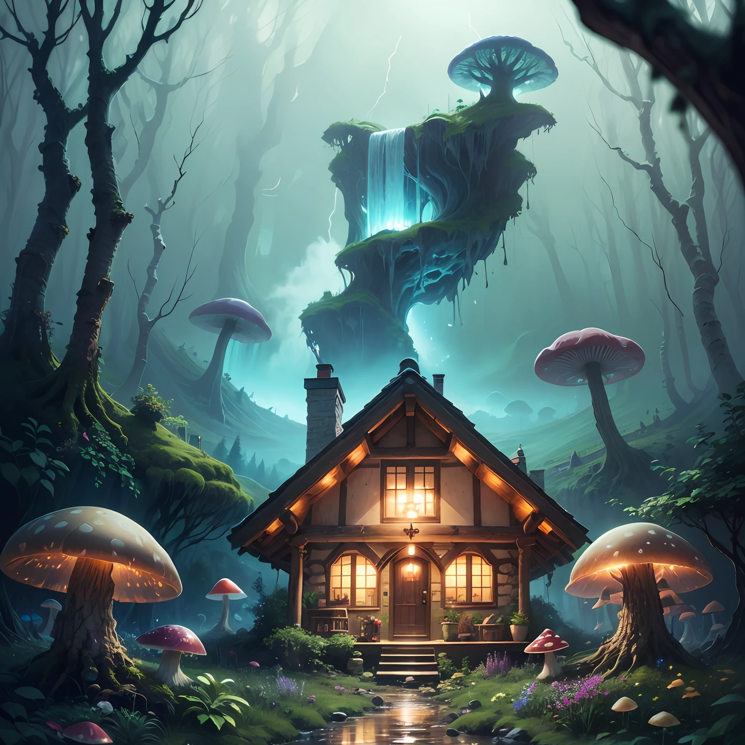 In a mystical forest, a lone cottage stands among giant glowing mushrooms, and a waterfall flows upwards into the sky." --auto --s2