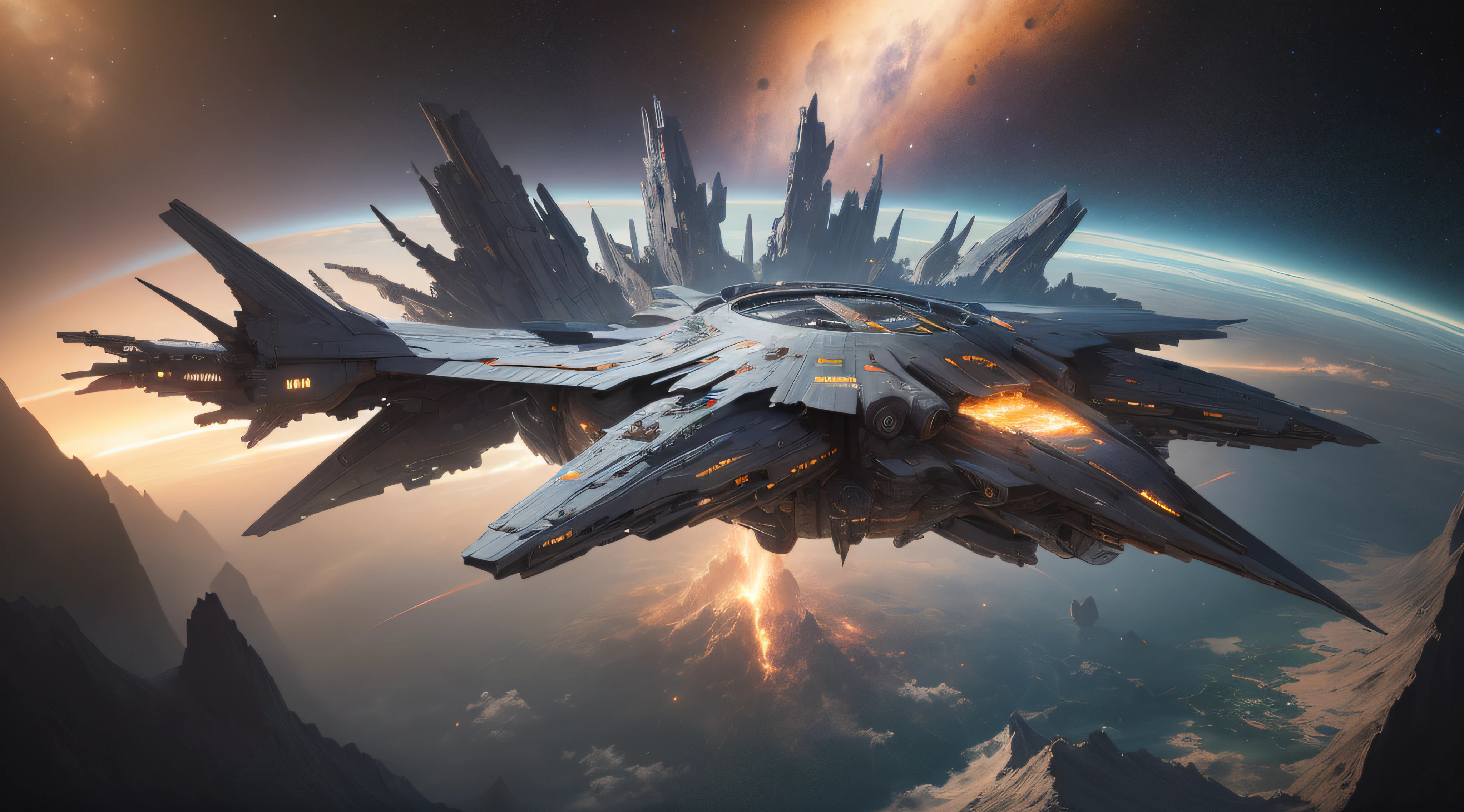 concept -art RetroFuturismAI: A wedge-shaped spaceship with a symmetrical shape, Dark shades, Lots of parts on board, Objects on the body, command post, in space against the backdrop of a spiral galaxy,