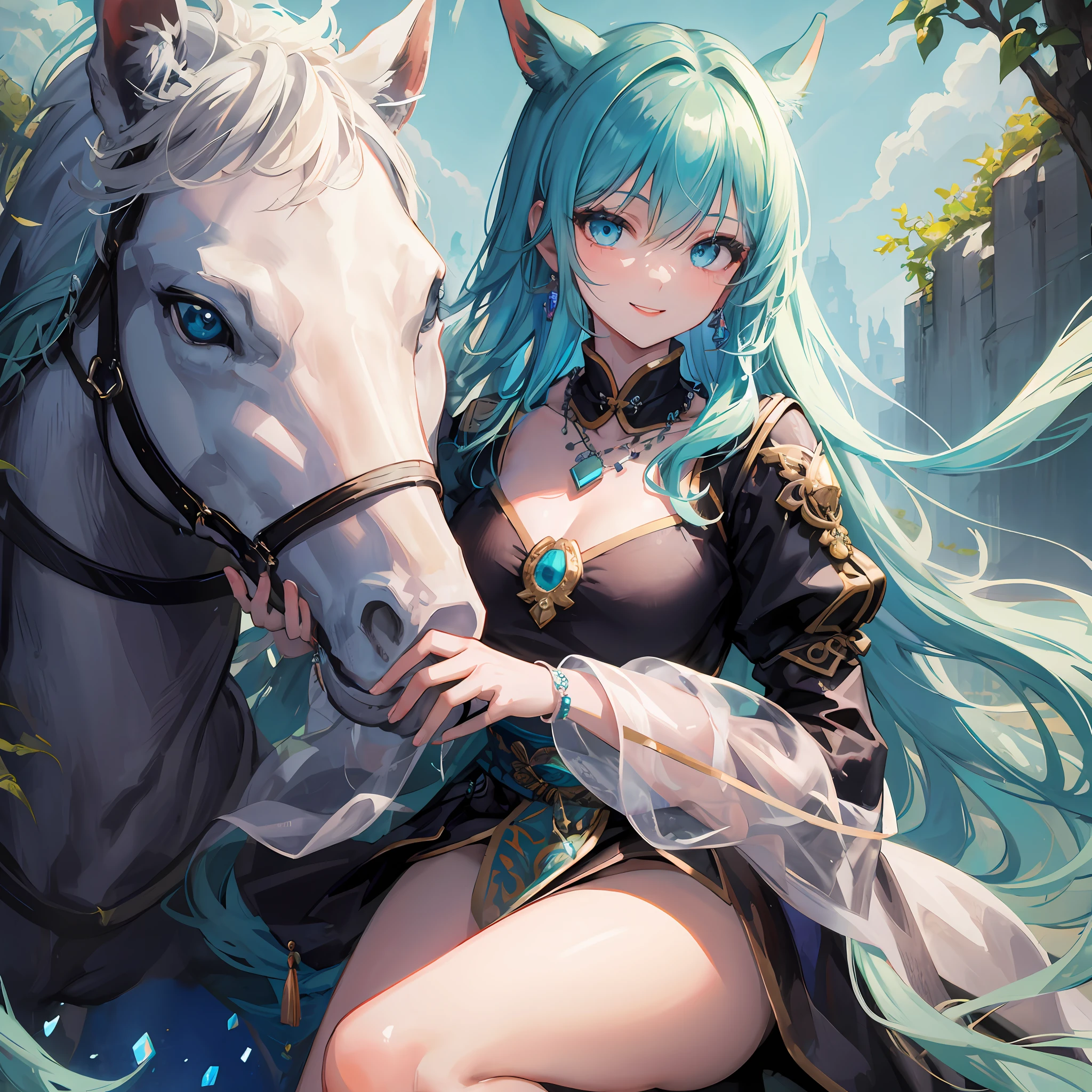 masterpiece, best qualsterpiece, best quality, ultra-detailed, illustration,(1girl),beautiful detailed eyes, looking at viewer, (legs focus), shy, (turquoise hair:1), (blue eyes:1), (gem necklace), long hair, smile, fantasy chinese clothes, (riding on her white horse:1), horse nose, horse mouth