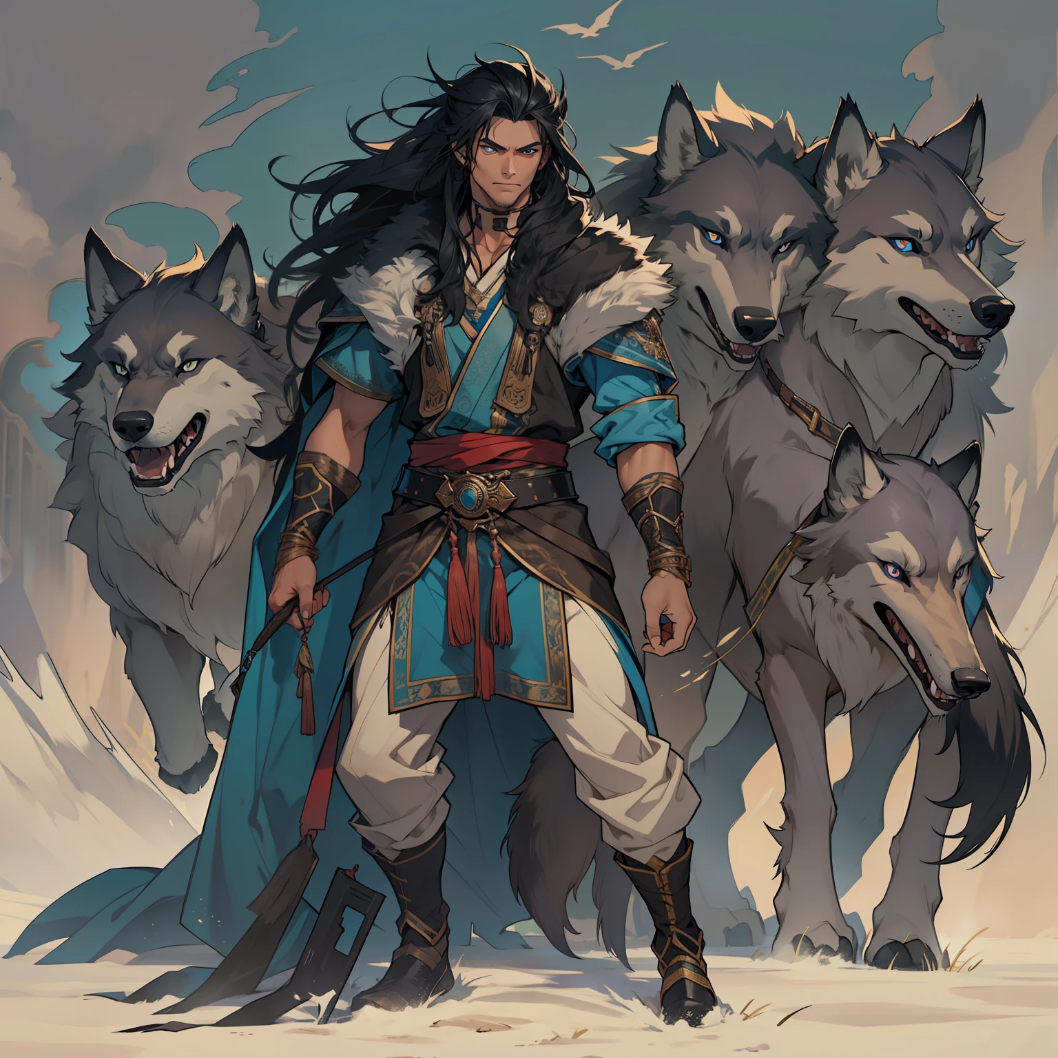 Fenrir human form, I generally have midnight black  hair and piercing blue eyes. My skin is tanned and my appearance could be described as rugged. My attire is usually chosen to fit the context in which I am interacting with humans. In some instances, my attire may appear primitive or archaic, while in other instances I may present as a sophisticated and well-dressed individual. Handsome male, standing with wolves