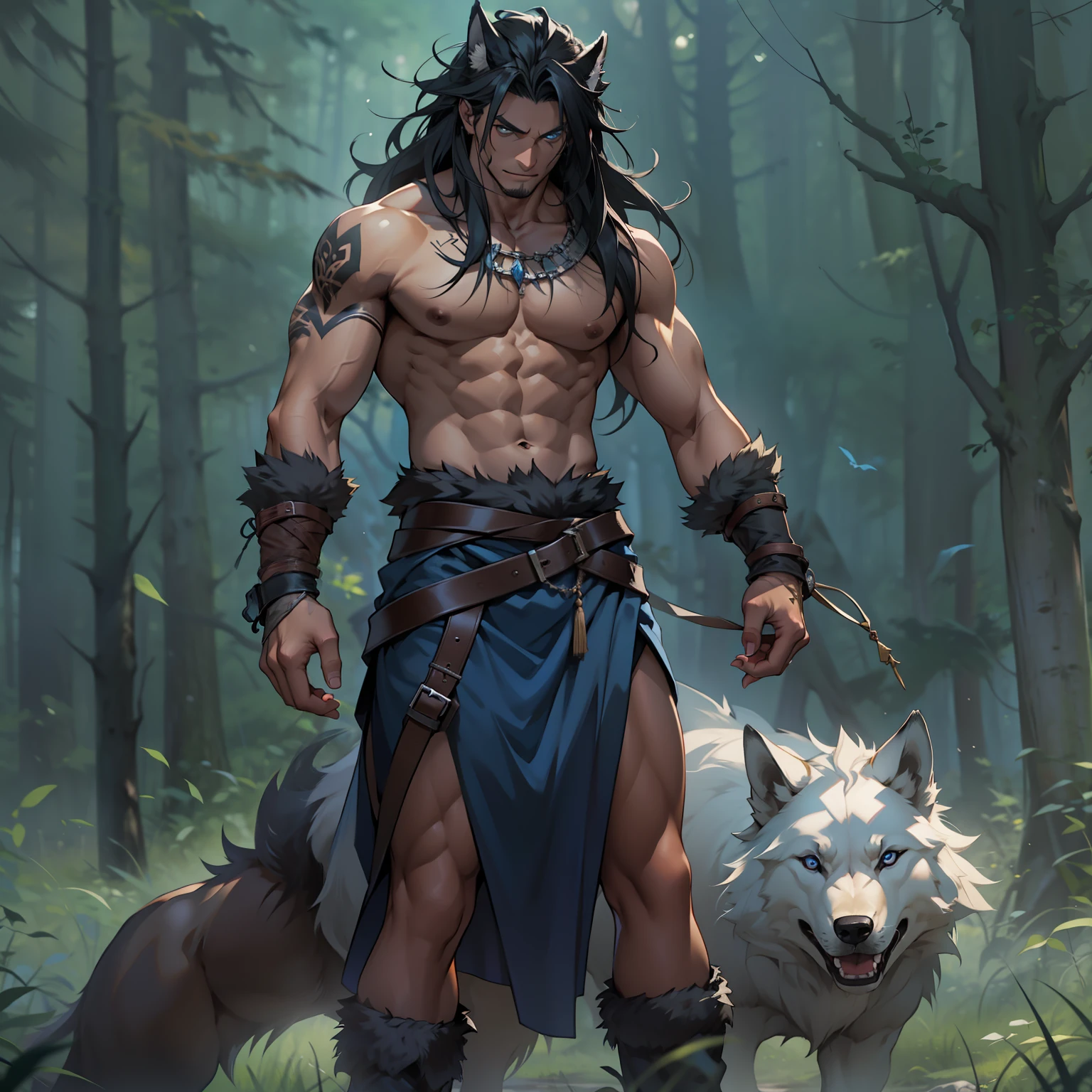 Fenrir human form, I generally have midnight black  hair and piercing blue eyes. My skin is tanned and my appearance could be described as rugged. My attire is usually chosen to fit the context in which I am interacting with humans. In some instances, my attire may appear primitive or archaic, while in other instances I may present as a sophisticated and well-dressed individual. Handsome male, standing with wolves