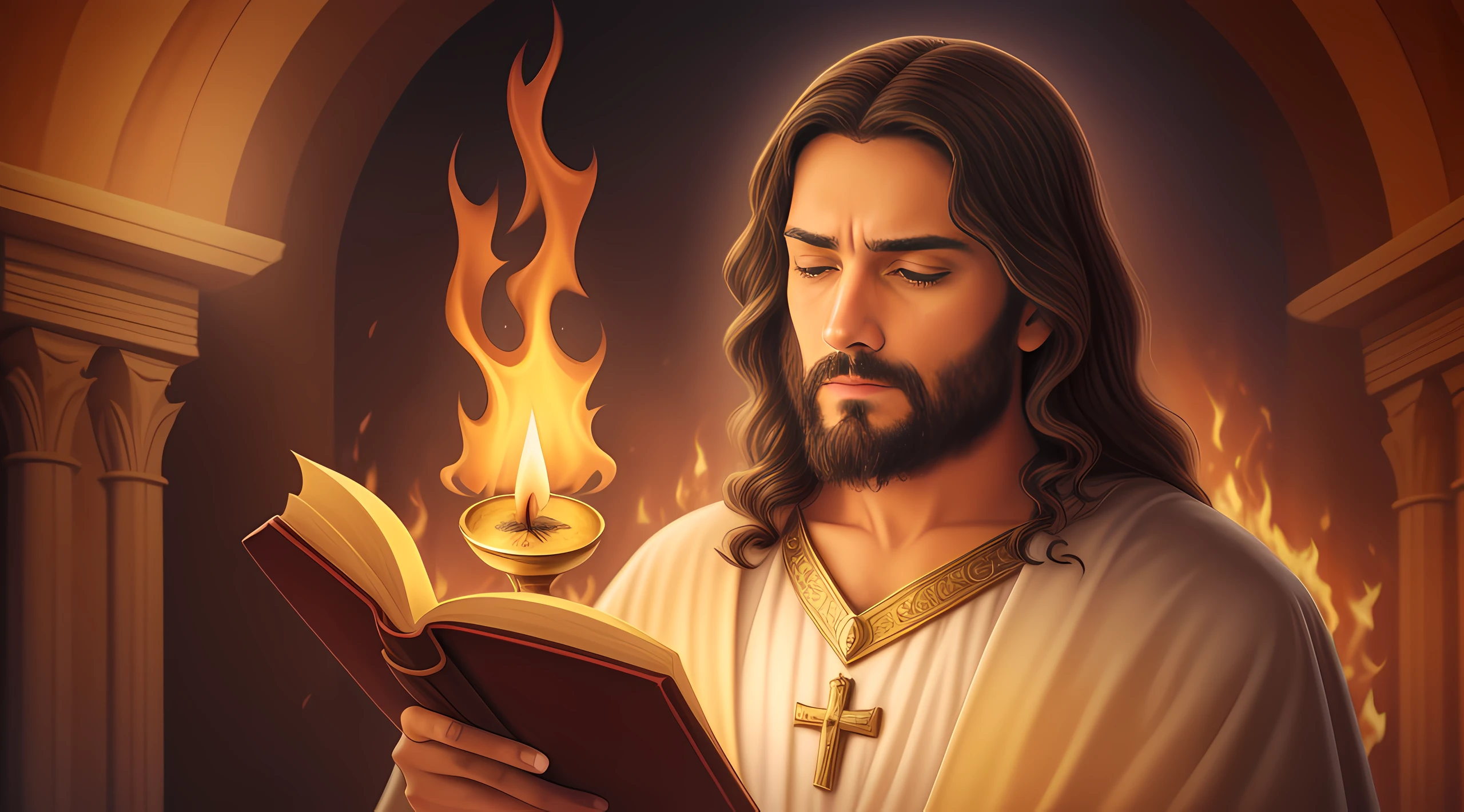 Imagem de Jesus lendo um livro em frente a uma fogueira, holy flame spell, holy fire spell art, holy flame crown spell, flame conjuring, casting a flame spell, flame spell, casting fire spell, casting a fire spell, fire spell, SACRED BIBLE, velas acesas, Biblical setting, Hiper realista, Jesus Cristo, jesus olhando para o horizonte