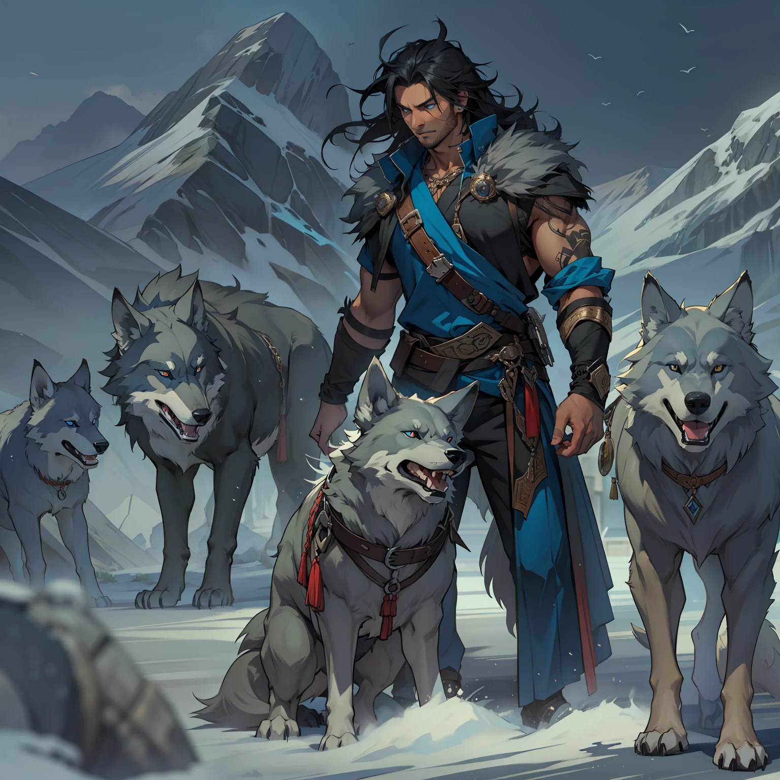 Fenrir human form, I generally have midnight black  hair and piercing blue eyes. My skin is tanned and my appearance could be described as rugged. My attire is usually chosen to fit the context in which I am interacting with humans. In some instances, my attire may appear primitive or archaic, while in other instances I may present as a sophisticated and well-dressed individual. Handsome male, standing with wolves