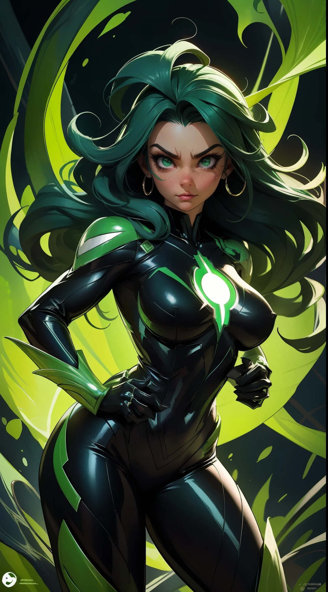 Venom-Green Lantern Fusion, melting, Beautiful, 1girl, (master part:1.2), (melhor qualidade:1.2), ((pose de luta)), ((campo de batalha)), cinemactic, olhos perfeitos, pele perfeita, perfect lighting, sorrir, luz, cor, pele texturizada, detalhe, Beleza, maravilha, ultra-detalhado, rosto perfeito