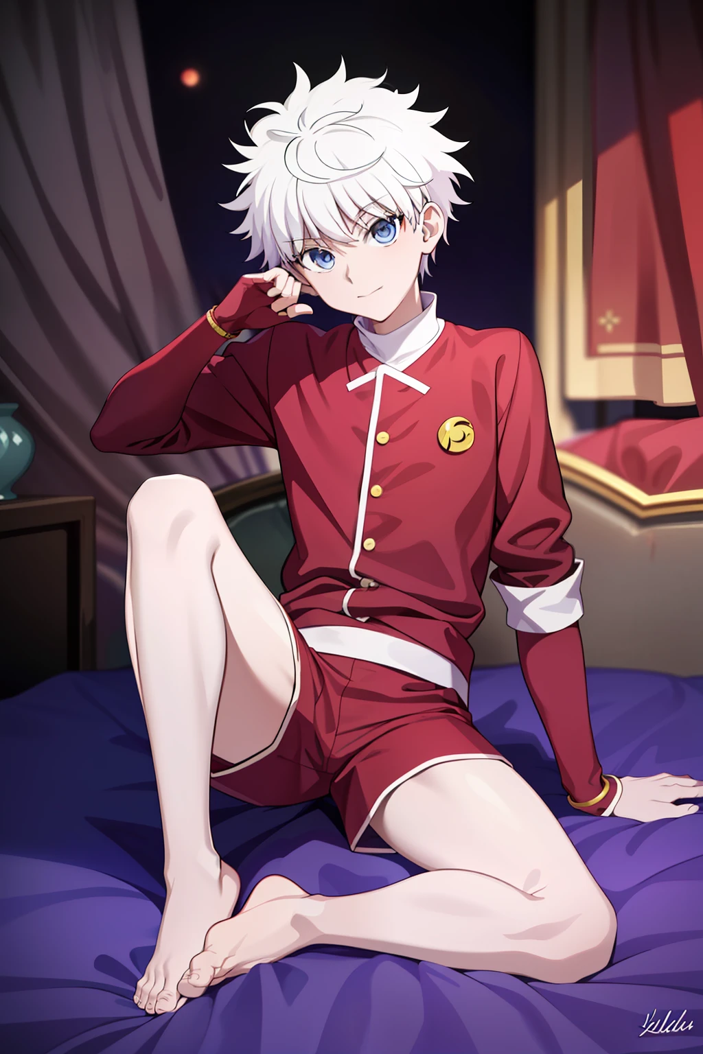masterpiece, best quality, high quality, 1boy, solo, male focus, looking at viewer, full body, killua_zoldyck, background blood moon, wearing satin pajamas shorts, the material of satin pajamas is shiny, soft and smooth to the touch, no underwear,bulge 2.0, open legs