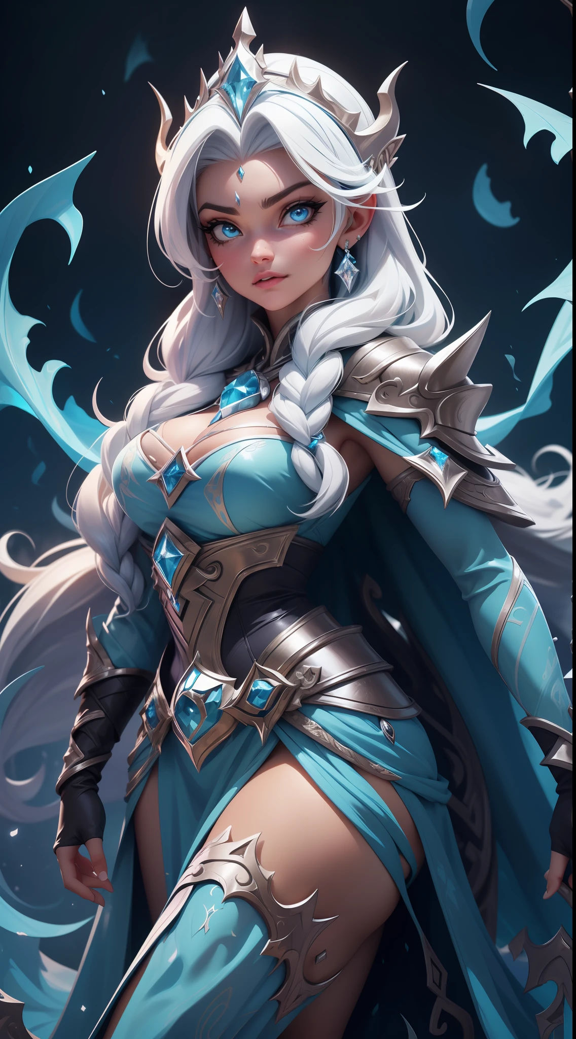 Elsa-Lich King Fusion, Cabelos brancos da Elsa, Roupas do Lich King, particulas de gelo, melting, 1girl, Beautiful, (master part:1.2), (melhor qualidade:1.2), ((pose de luta)), ((campo de batalha)), cinemactic, olhos perfeitos, pele perfeita, perfect lighting, sorrir, luz, cor, pele texturizada, detalhe, Beleza, maravilha, ultra-detalhado, rosto perfeito