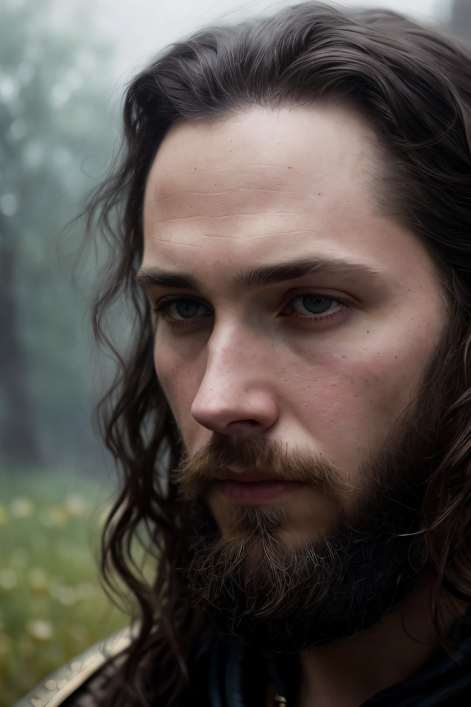 close up portrait of Austin Butler as a 26 years old fantasy male adventurer, pale skin, very long loose wavy shabby black hair parted in the middle, incredible grey eyes, long arched eyebrows, beard, fantasy adventurer clothes, intense look, fascinating, slim and athletic, in a big medieval city, (backlighting), realistic, masterpiece, highest quality, lens flare, shade, bloom, [[chromatic aberration]], by Jeremy Lipking, by Antonio J. Manzanedo, digital painting