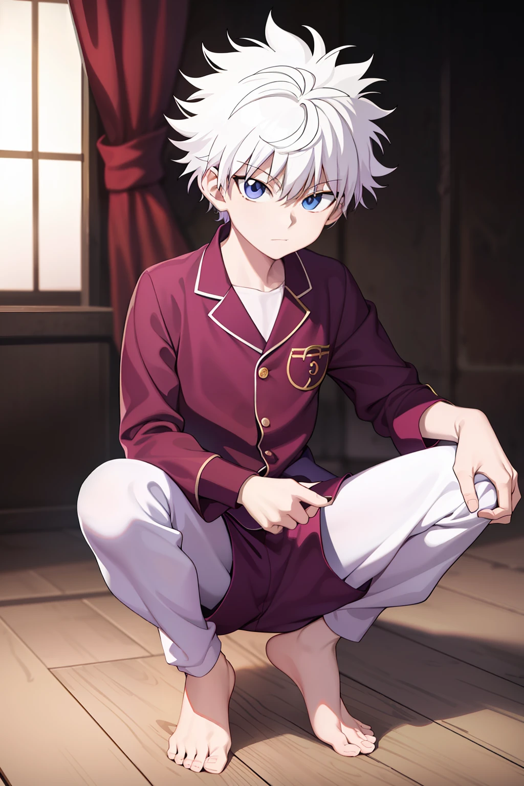 masterpiece, best quality, high quality, 1boy, solo, male focus, looking at viewer, full body, killua_zoldyck, background blood moon, wearing satin pajamas shorts, the material of satin pajamas is shiny, soft and smooth to the touch, no underwear,bulge 2.0, open legs