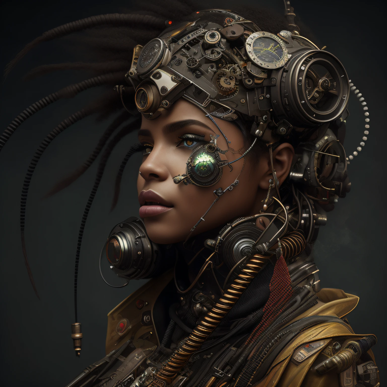 Arafed mulher com vapor - engrenagem e um cocar, portrait of a cyberpunk machine, arte steampunk digital, estilo afrofuturismoo, Retrato de uma rainha ciborgue, afrofuturismo, Retrato CGSetivity, Retrato de um ciborgue cyberpunk, portrait of a mechanical girl, Retrato detalhado de um ciborgue, O retrato da cyberpunk, retrato cyberpunk, cyber steampunk, wlop intrincado, cybersteampunk