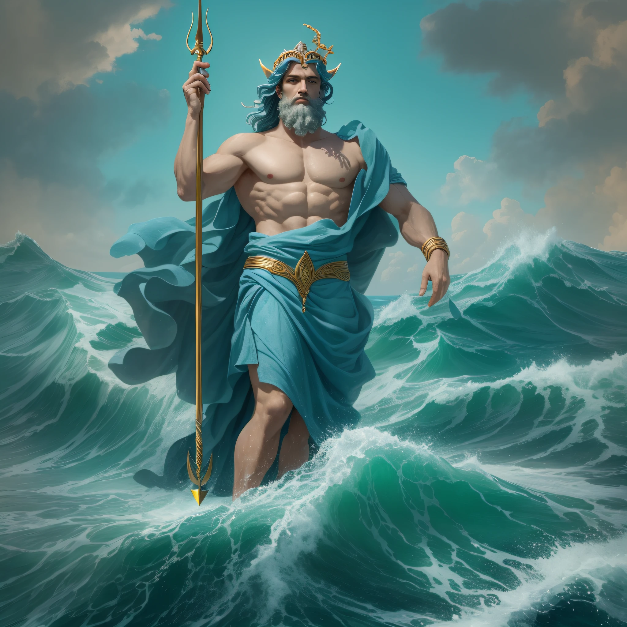 Greek God Poseidon above the ocean waters wearing a blue robe and holding his trident