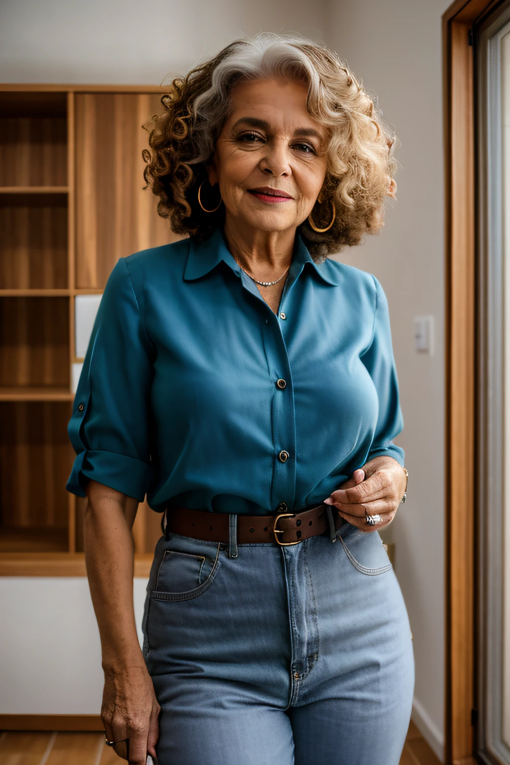 Uma mulher na casa dos 40 anos, bonita, cabelo curto bem arrumado, wool blouse, 4K, high-res, obra-prima, melhor qualidade