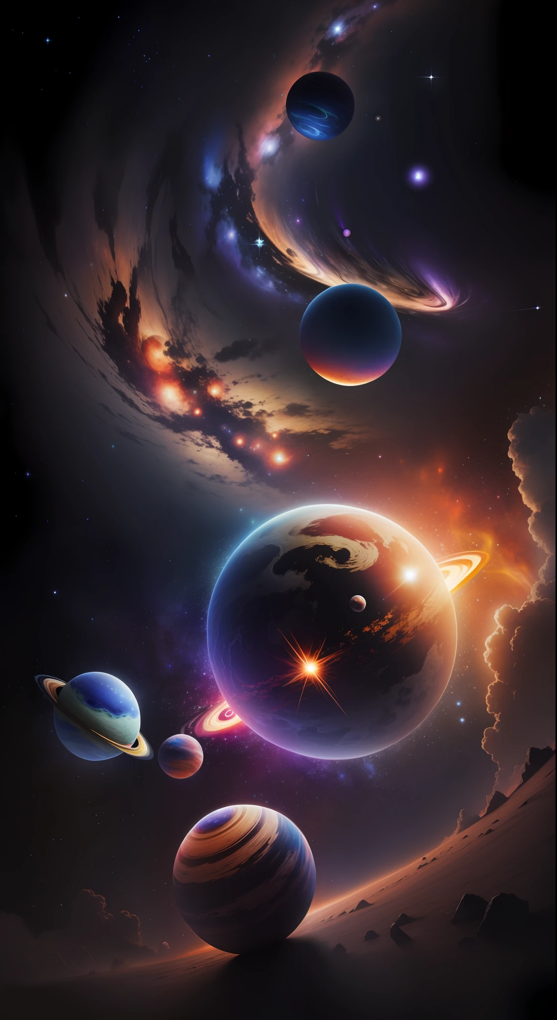 Galaxy with planets,colorful milky ways,high quality,high resolution,dark night