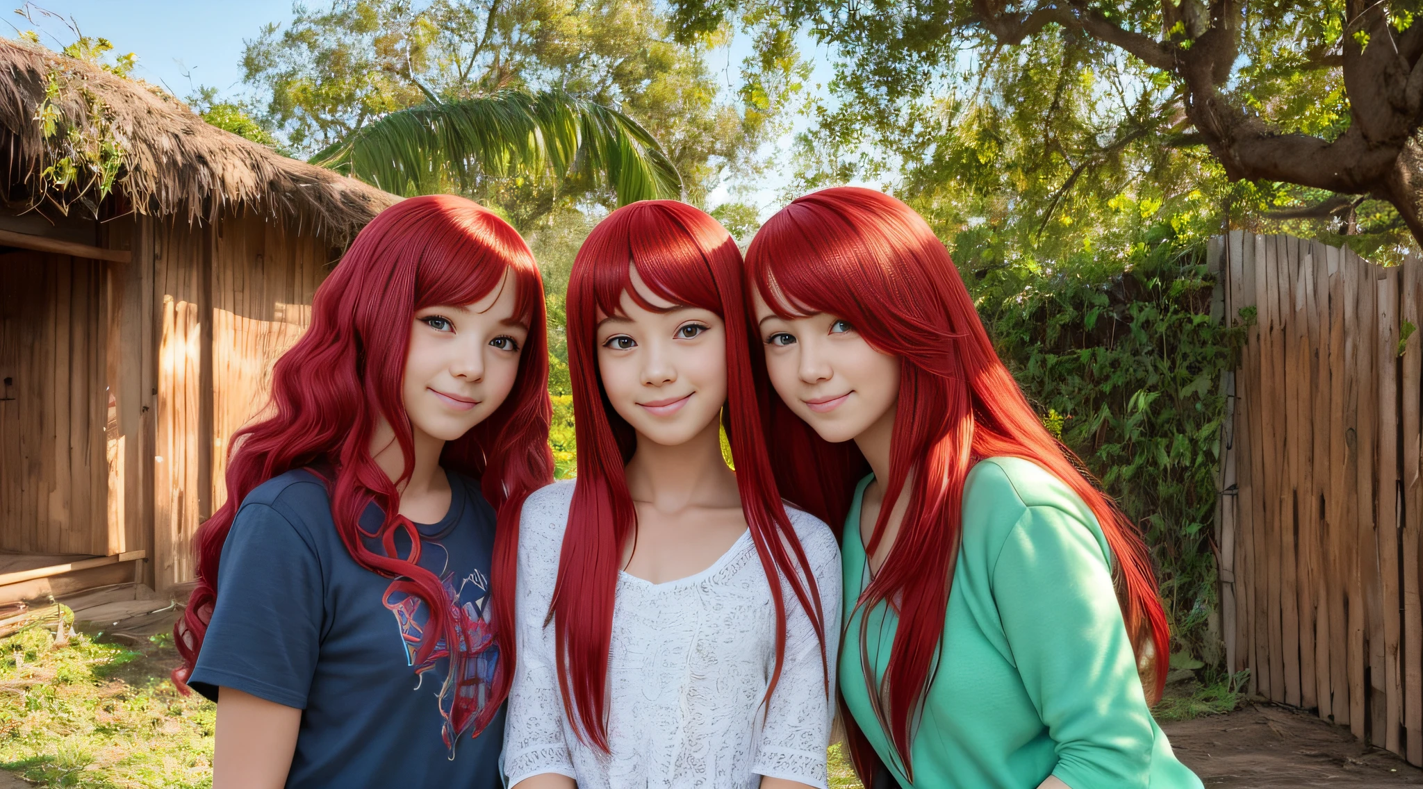 three KIDS girls with long red hair and red wigs posing for a photo, cabelo vermelho brilhante, cabelo laranja brilhante, longo cabelo vermelho brilhante, cabelo infravermelho, menina cabelo vermelho, pele laranja e cabelo ardente longo, cabelo como fogo, Red hair and attractive features, cabelo de fogo longo, cabelo laranja longo, Perfect Android girl family, por Bernardino Mei, cabelo vermelho ardente