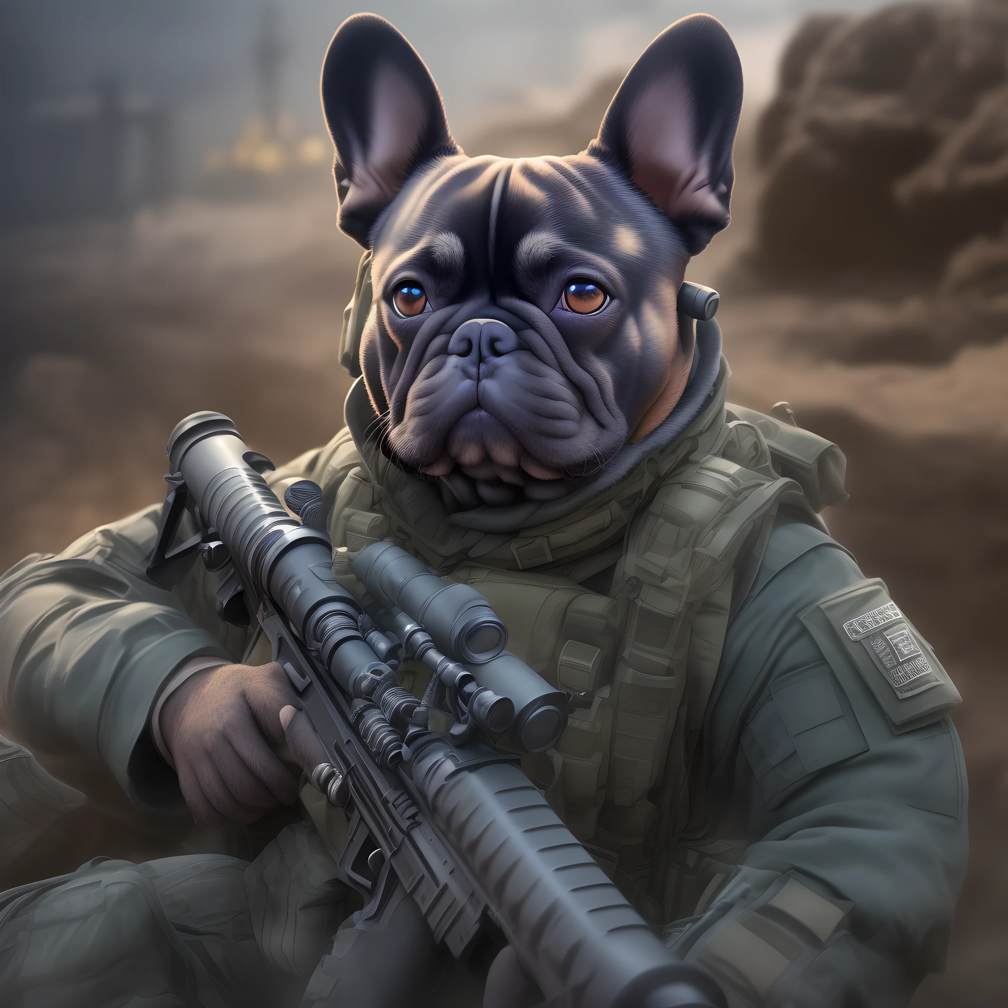 Keeping the French Bulldog Face, Very detailed special forces suit, (High detail sniper rifle), Battlefield Background, Stereoscopic effect, 3D Lending, (Best Illustration), (super detailed CG), digital painting, Milky Way eyes, ultra-definition, --ios 120, Meticulous expression, HDR, extremely high details, unreal-engine, rich colors, Octane rendering, 8k, Without human hands, high resolucion