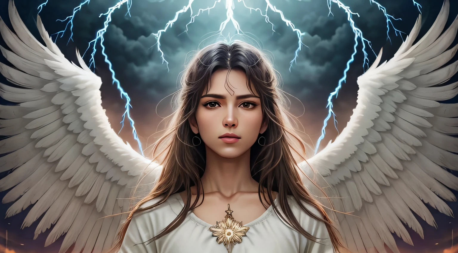 1 anjos com olhos vermelhos, cabelos brancos, asas grandes e brancas, asas grandes, anjo com um olhar profundo, wearing tunics, with soft light and thunder