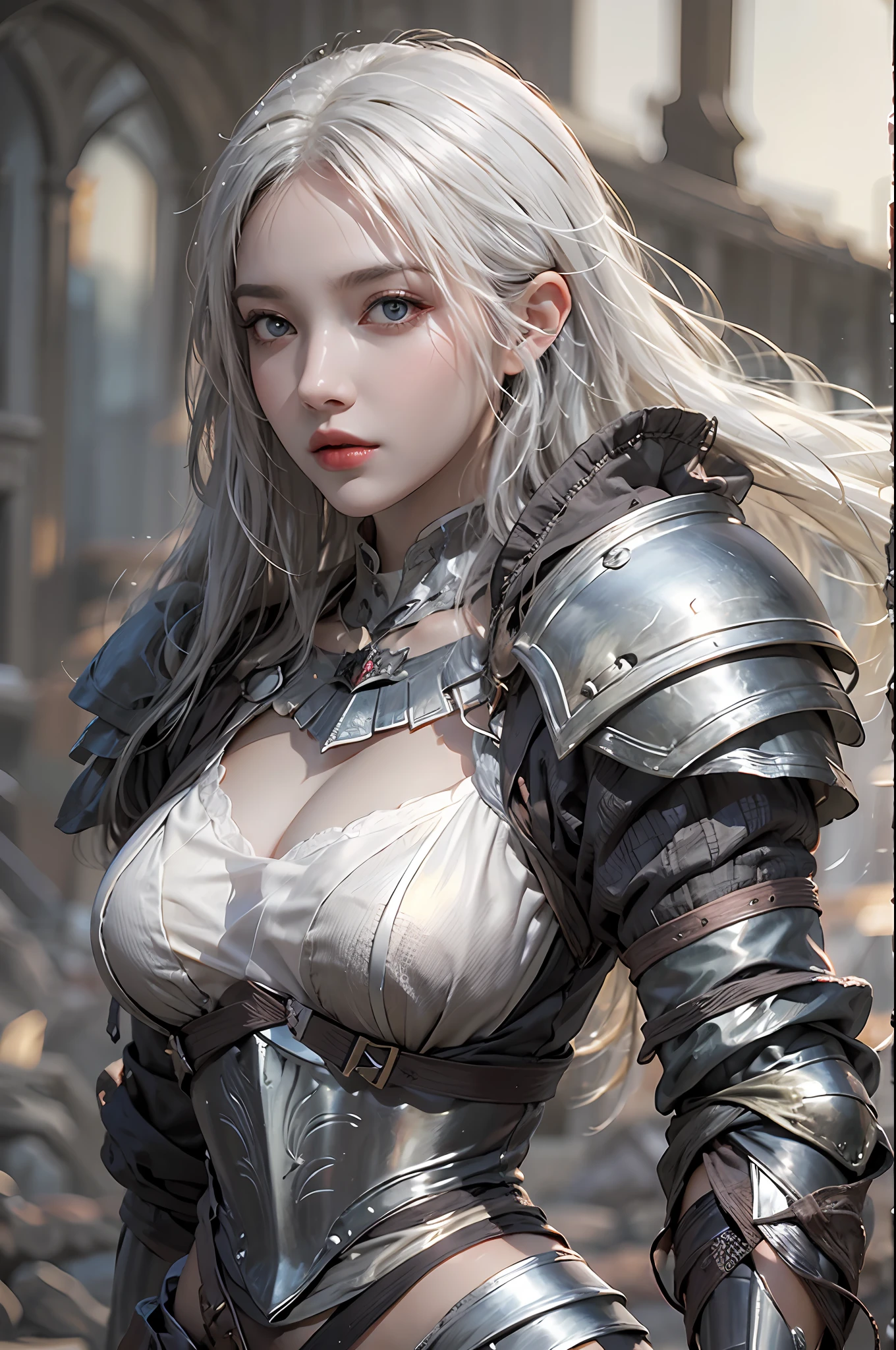 photorealistic, high resolution, 1 girl, hips up, white long hair, beautiful eyes, normal breast, dark souls style, knight armor