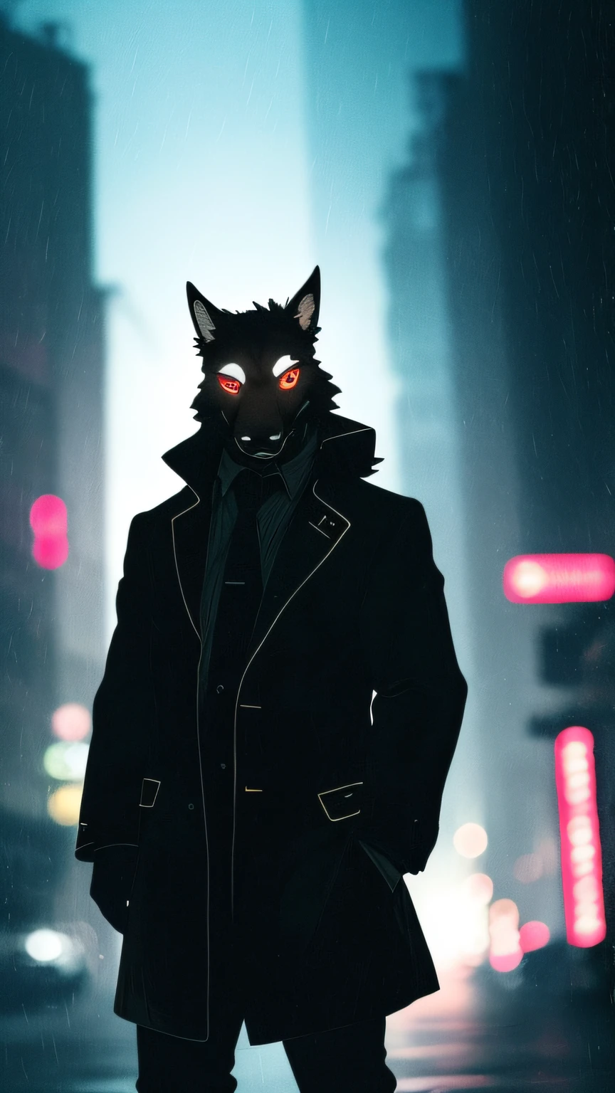 anthro, Man Black Dog, (protogen:1.1), Mechanical parts, whiskers, Very detailed portrait of a solo-1 man, Standing in the streets, during a downpour, neon and cyberpunk background, She is dressed in coat-clothes, tie, detailed glowing red eyes with distinct pupils, the sinister aura of Halo, ssmile, ciberpunk, back light, chromatic aberration, Depth of field, soft-lighting, tmasterpiece, beste-Qualit, an intricate, tone mapped, Detailed, Artstation, ConceptArt, fluent, sharp-focus, dramatic  lighting, Highly detailed works of art, Filmic, hyper-realistic painting, Trending on ArtStation, 8K,  Incredible shadows, Realistic, (high detailed background:1.0)