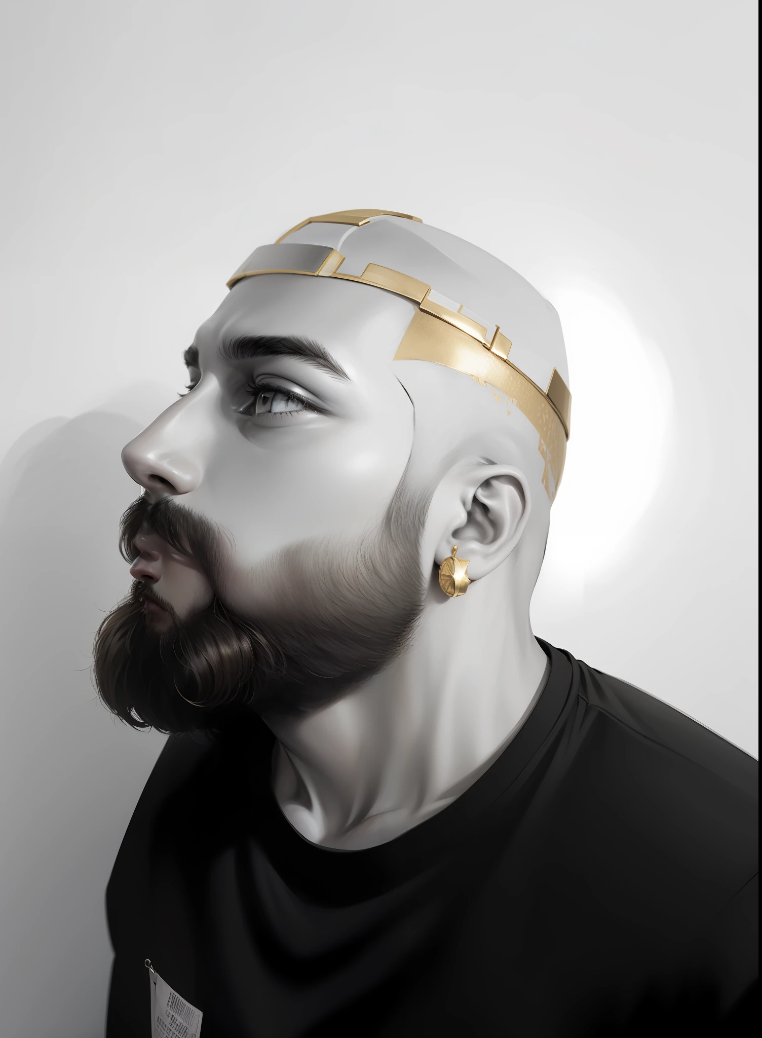 short hair style on head, dont touch beard hair,  place cap on head, man earing, gold chain in neck