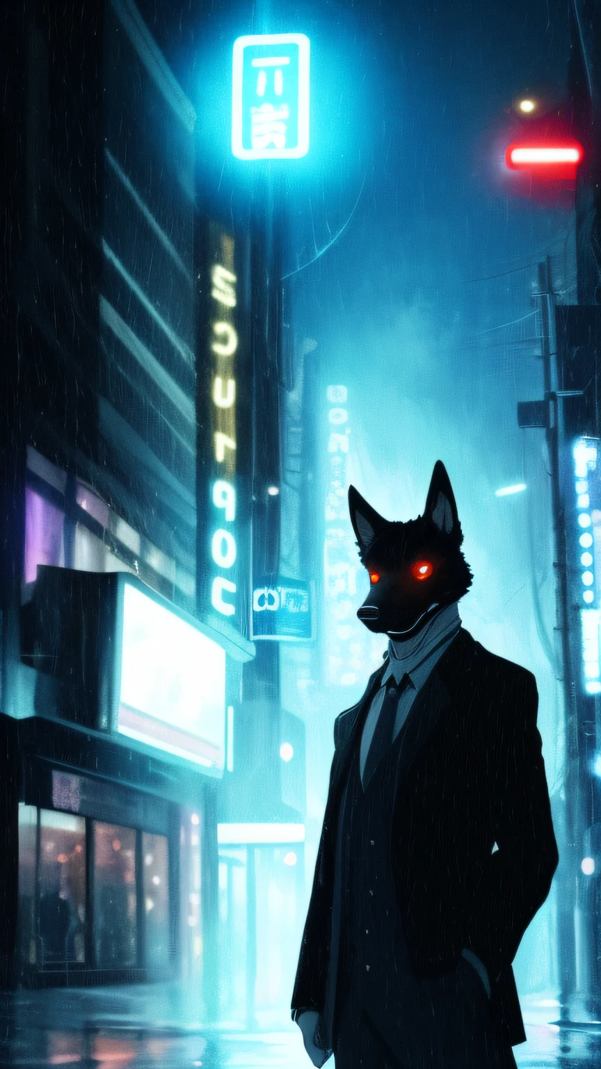 anthro, Man Black Dog, (protogen:1.1), Mechanical parts, whiskers, Very detailed portrait of a solo-1 man, Standing in the streets, during a downpour, neon and cyberpunk background, She is dressed in coat-clothes, tie, detailed glowing red eyes with distinct pupils, the sinister aura of Halo, ssmile, ciberpunk, back light, chromatic aberration, Depth of field, soft-lighting, tmasterpiece, beste-Qualit, an intricate, tone mapped, Detailed, Artstation, ConceptArt, fluent, sharp-focus, dramatic  lighting, Highly detailed works of art, Filmic, hyper-realistic painting, Trending on ArtStation, 8K,  Incredible shadows, Realistic, (high detailed background:1.0)