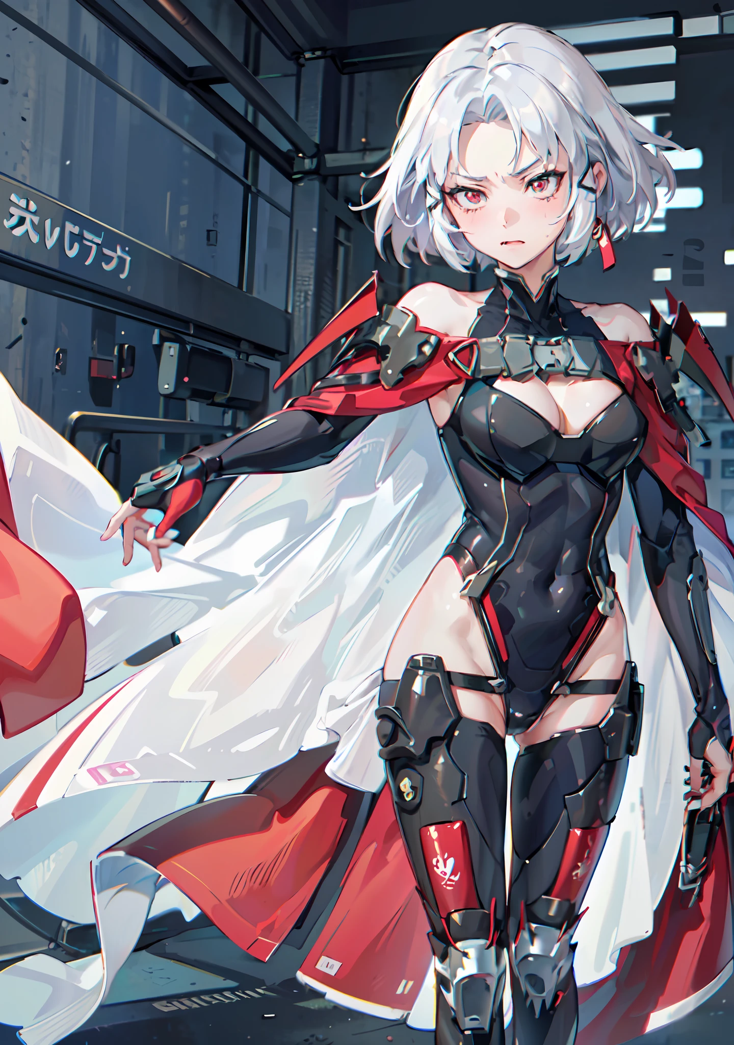 ((((masterpiece, best quality, high resolution)))), 1girl, nude, white hair, red eyes, short wavy hair, average breasts, blush, ahegao, angry, glow, thighs, bare shoulders, collarbone, narrow waist, cleavage, (beautiful detailed face, beautiful detailed eyes), OrigFullArm, full armed, cape, mechanical armor, highleg leotard, Origleotard, thighhighs, breasts expose