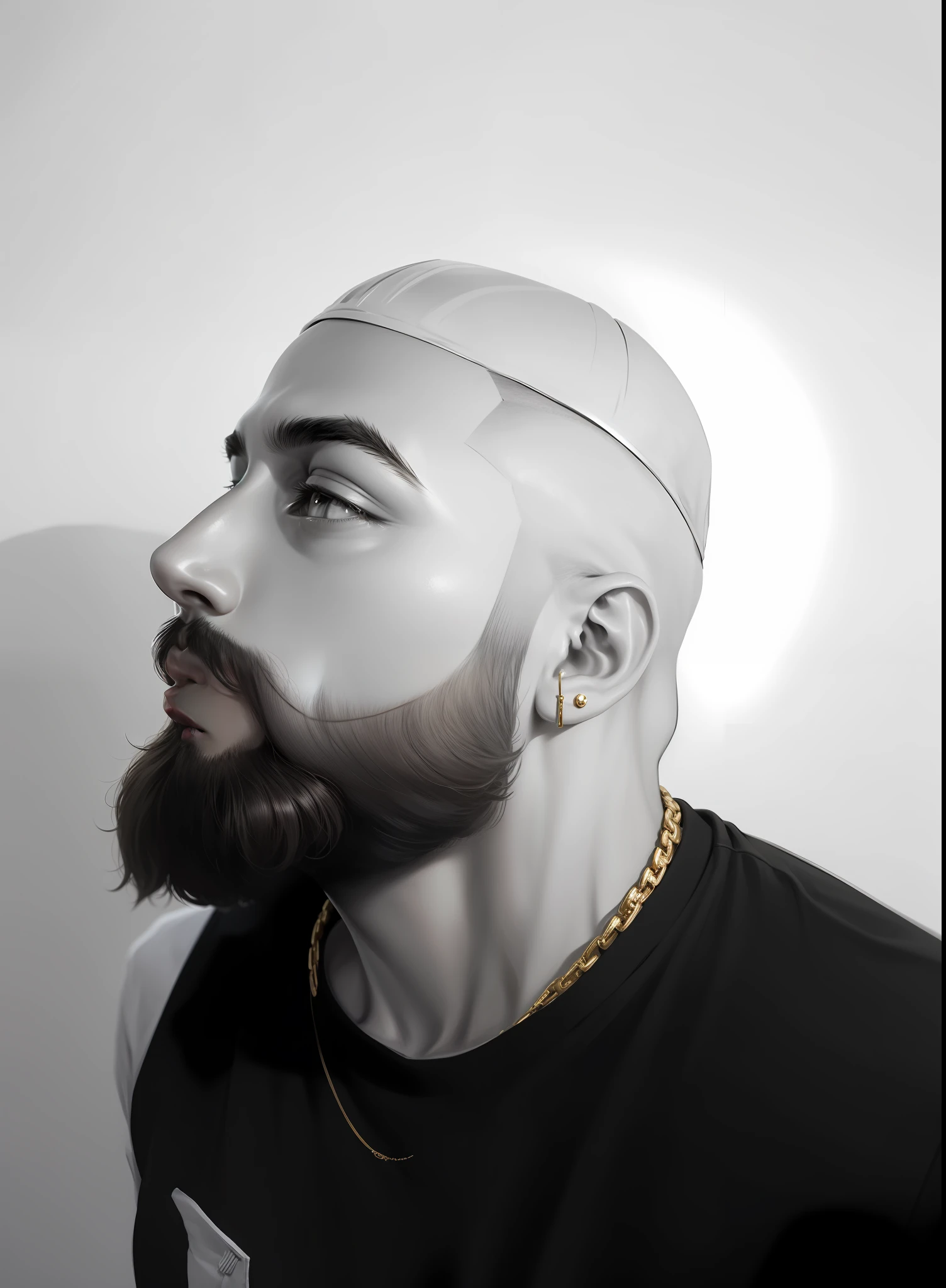 short hair style on head, dont touch beard hair, place cap on head, man earing, gold chain in neck