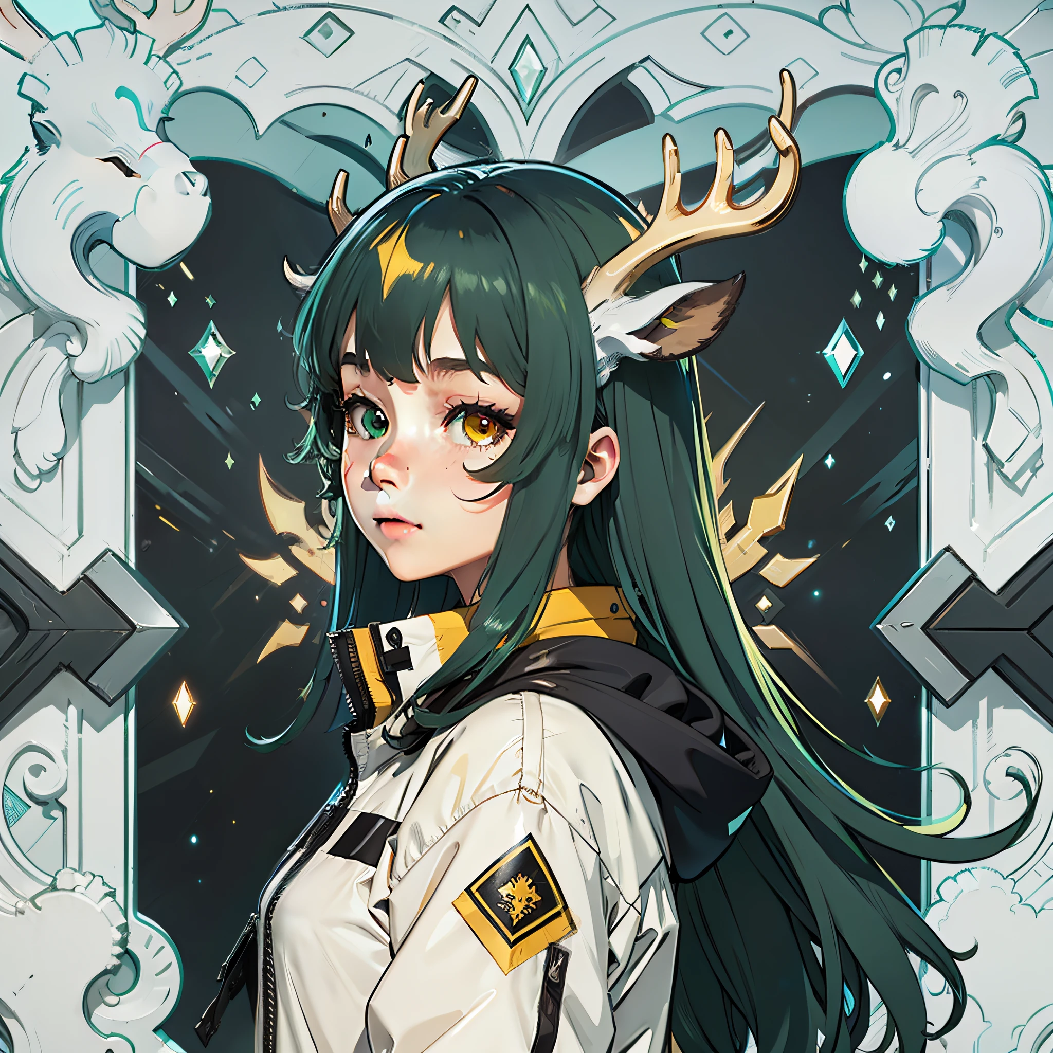 deer antlers, Green hair, Yellow eyes, Colored inner hair, Very long hair, eyes reflection, Heterochromia, Ray tracing, reflective light, outside border, reference sheet, Anime, blend, Super detail, Masterpiece