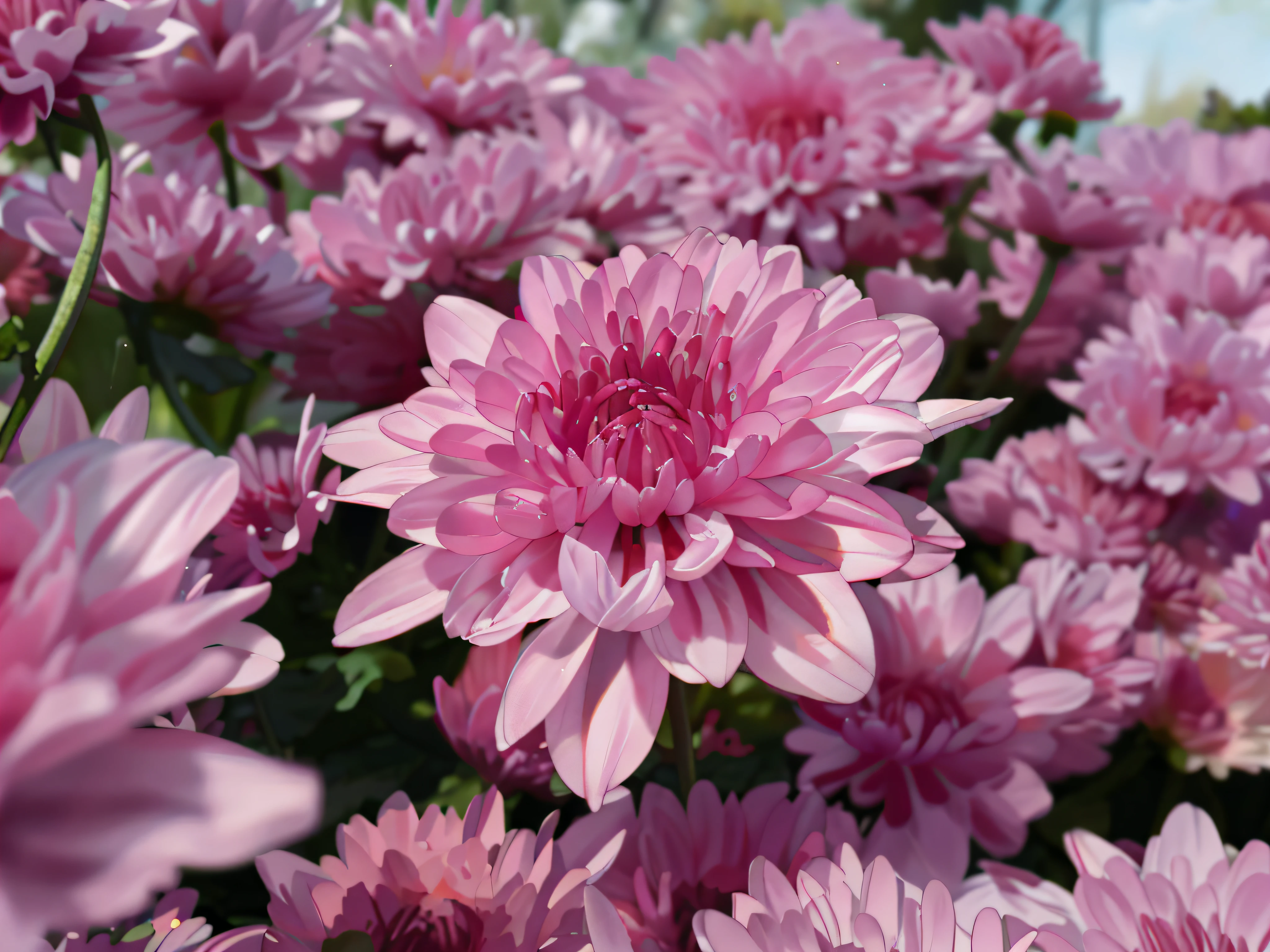 There is a large group of pink flowers in the grass, EOS-1D chrysanthemums, chrysanthemums, chrysanthemums, flowers with very long petals, pink petals, pink flowers, very high bloom ammount, bloom and flowers in the background, hard ornamental, about 3 5 years, long petals, masterpiece, best quality, high quality, CG Unity 8k wallpaper with great detail, charming and dreamy scenes of a large sailboat AA on a narrow river in a fantasy forest, towering trees, hidden fairy glen, create a sense of mystery and enchantment, artstation, etc. Complex, Trending, Award Winning Photography, Bokeh, Depth of Field, HDR, bloom, chromatic aberration, photorealistic, Very detailed, trends on artstation, trends in CGsociety, complex, high detail, drama, art by midjourneyPink Heaven