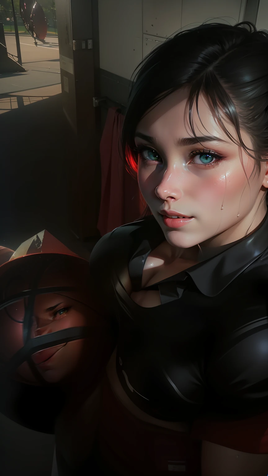 (perfect glossy shiny skins:1.3), ((full body:1.2)|cowboy shot),

(glossy red lips), (1girl),
(8k, RAW photo, best quality, masterpiece:1.2), (realistic, photo-realistic:1.37), (exquisitely detailed), ultra_color, (realistic), high quality, ultra detailed, (Real picture), (realistic skin), (intricate details),

(dramatic_light), (beautiful_detailed_light), lens flare, ultra_color, (shining_particles), (bright_dust_particles),professional lighting, photon mapping, radiosity, physically-based rendering, highres, extremely detailed,cinematic lighting,

(beautiful big eyes),green_eyes, round eyes, pretty face, Blushing face, light smile, high nose bridge, [:(detailed face:1.2):0.2], shiny eyes,
(PureErosFace_V1:0.2), (ulzzang-6500:0.8), (a 30 years old beautiful Japanese woman), (a face of perfect proportion), (high nose),
beautiful composition, (muscle:0.8),dark skin, (cute_belly:1.2), (cleavage:1.5),good hand,

(((playing basketball, red uniform,inside_basketball_field))),(wearing basket_uniform:1.3), (gigantic breasts:1.2),looking at viewer, dynamic pose, neon lights, glow particles,best shadow,  

steaming body, (shiny skin),(smiling:1.1), blush,getting wet, sweaty,  embarrassed
