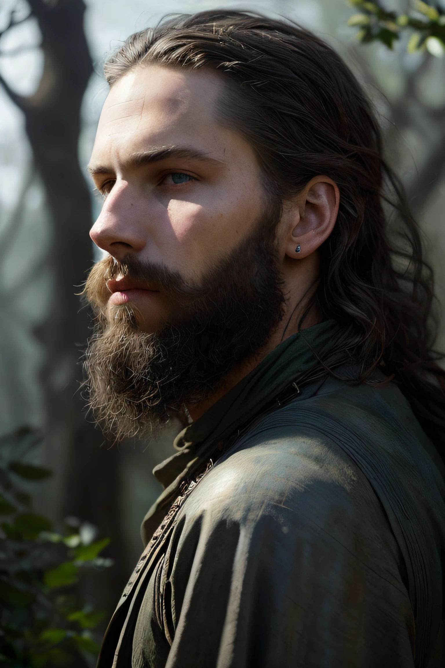 close up portrait of Austin Butler as a 26 years old fantasy male adventurer, pale skin, very long loose wavy shabby black hair parted in the middle, incredible grey eyes, long arched eyebrows, beard, fantasy adventurer clothes, intense look, fascinating, slim and athletic, in a big medieval city, (backlighting), realistic, masterpiece, highest quality, lens flare, shade, bloom, [[chromatic aberration]], by Jeremy Lipking, by Antonio J. Manzanedo, digital painting