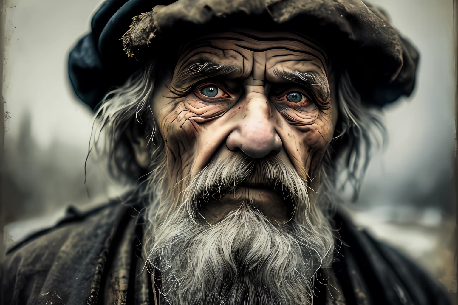 A portrait of poor russian 1800 old worker in rags, ((overwhelming fatigue )), wrinkles of age, concept art, oil pastel painting , moody gray colors , gritty, messy stylestyle of Alexey Savrasov, Ivan Shishkin, Ilya Repin, (cel shaded:1.2), 2d, (oil painting:1.2) highly detailed