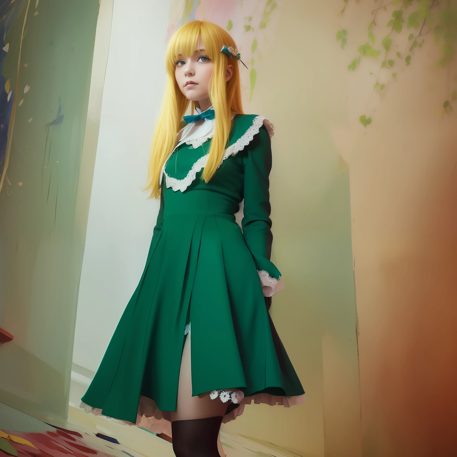 girl stands, a emerald frock, white cuffs. yellow hair, blue eyes, cyan scarf-ribbon on neck,long emerald frock with emerald sleeves, black tights, brown shoes, a palette knife in her hands