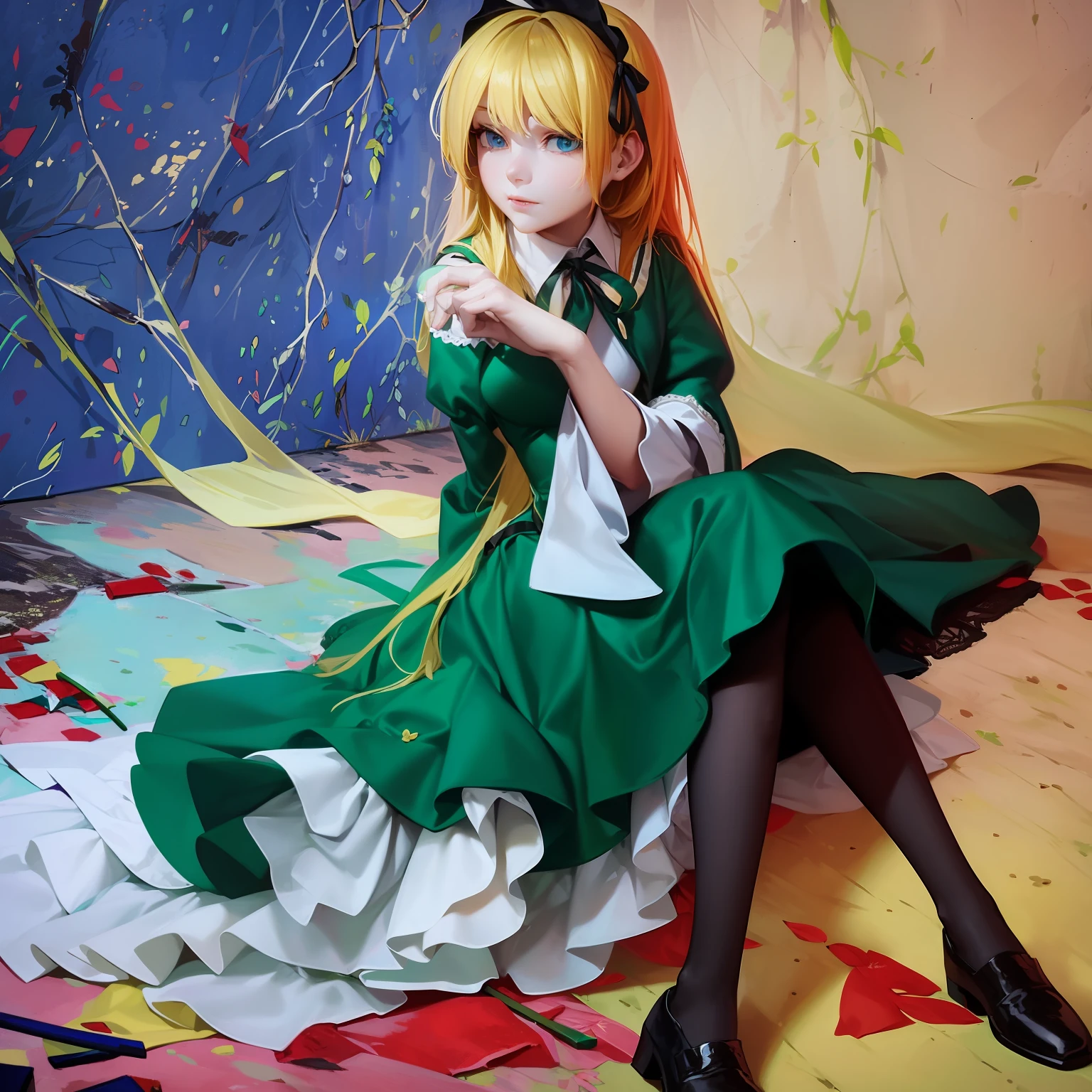 Girl in emerald frock with white cuffs. yellow hair, blue eyes, cyan scarf-ribbon on neck, black long tights, long emerald frock with emerald sleeves, brown shoes, a palette knife in her hands