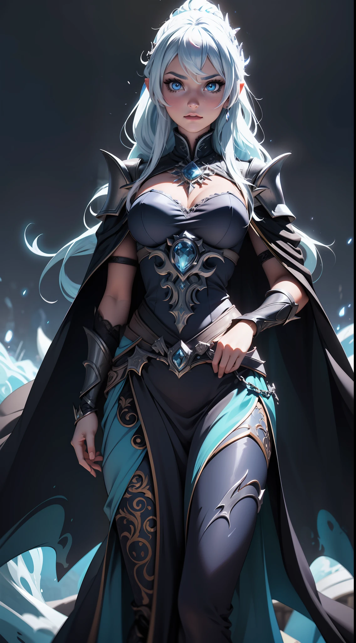 Elsa-Lich King Fusion, Cabelos brancos da Elsa, Roupas do Lich King, particulas de gelo, melting, 1girl, Beautiful, (master part:1.2), (melhor qualidade:1.2), ((pose de luta)), ((campo de batalha)), cinemactic, olhos perfeitos, pele perfeita, perfect lighting, sorrir, luz, cor, pele texturizada, detalhe, Beleza, maravilha, ultra-detalhado, rosto perfeito