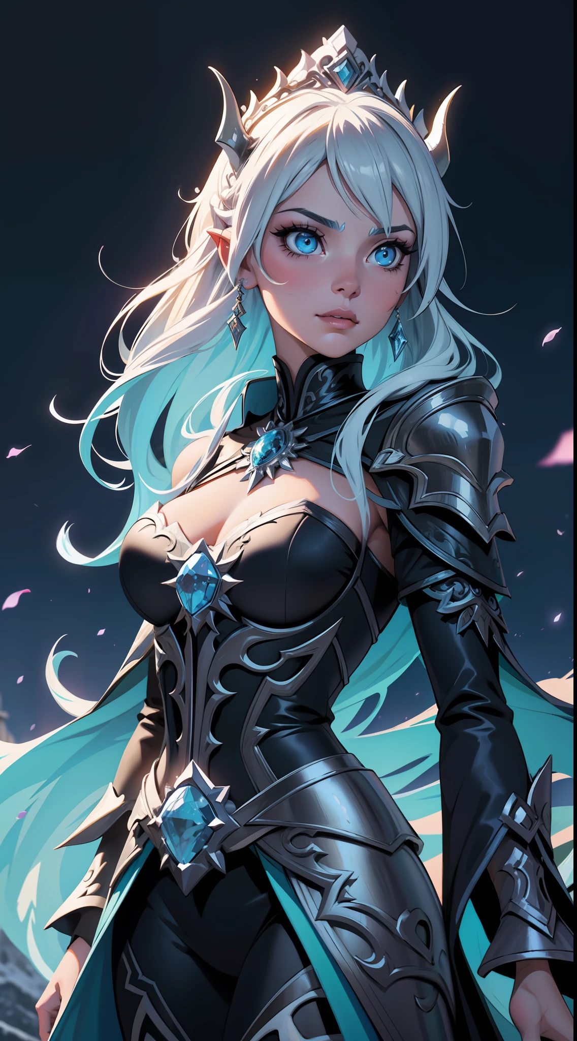 Elsa-Lich King Fusion, Cabelos brancos da Elsa, Roupas do Lich King, particulas de gelo, melting, 1girl, Beautiful, (master part:1.2), (melhor qualidade:1.2), ((pose de luta)), ((campo de batalha)), cinemactic, olhos perfeitos, pele perfeita, perfect lighting, sorrir, luz, cor, pele texturizada, detalhe, Beleza, maravilha, ultra-detalhado, rosto perfeito