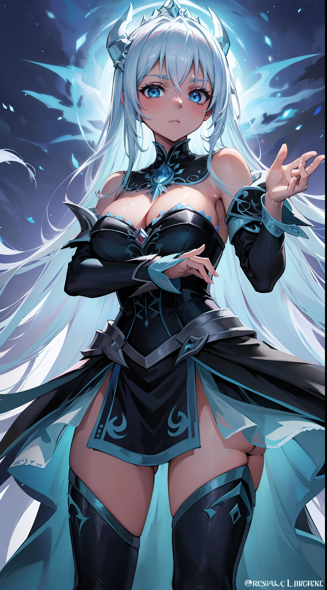 Elsa-Lich King Fusion, Cabelos brancos da Elsa, Roupas do Lich King, particulas de gelo, melting, 1girl, Beautiful, (master part:1.2), (melhor qualidade:1.2), ((pose de luta)), ((campo de batalha)), cinemactic, olhos perfeitos, pele perfeita, perfect lighting, sorrir, luz, cor, pele texturizada, detalhe, Beleza, maravilha, ultra-detalhado, rosto perfeito