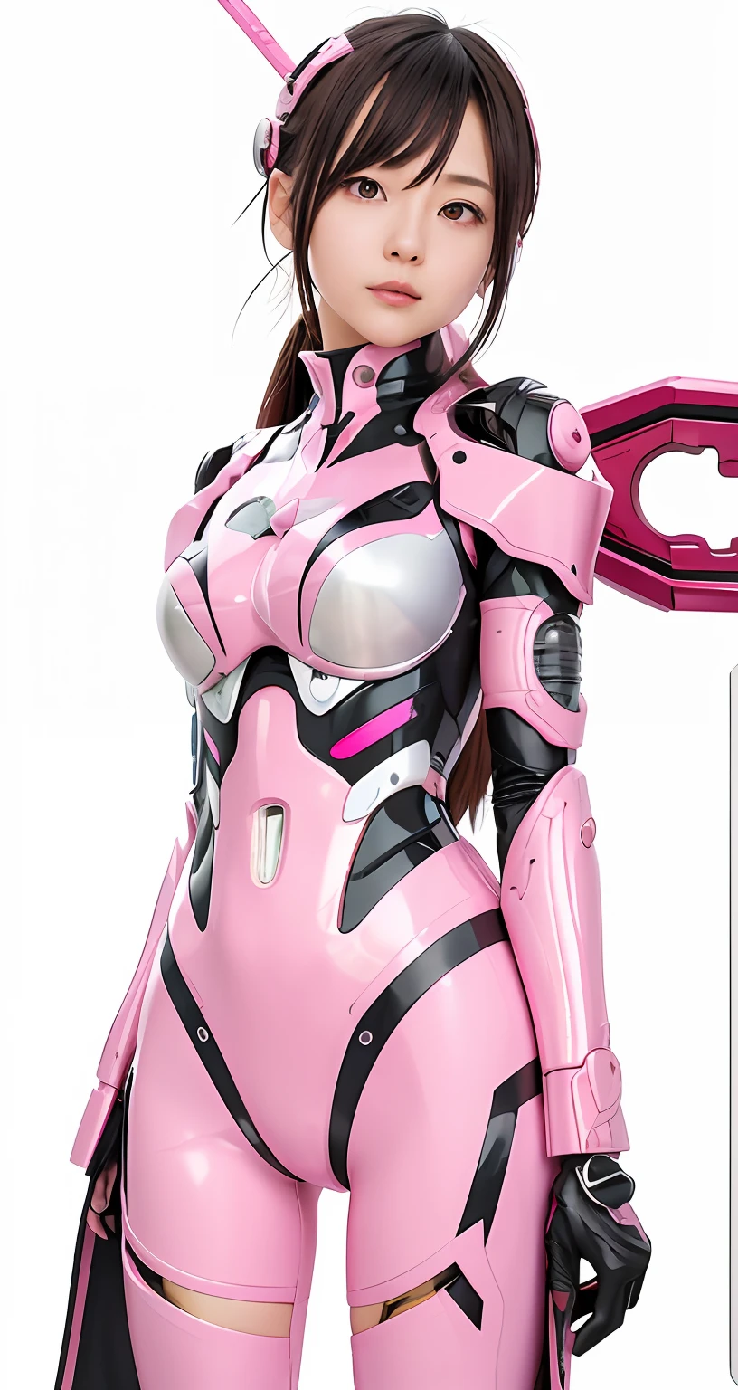 wears glasses、Clean face、Narrow and beautiful eyes、top-quality、8K、ultra-detailliert、Close up portrait of woman in pink suit holding sword, streamlined pink armor, full body zenkai! asuka suit, anime cyborg, Perfect Anime Cyborg Woman, cyber japan armor, slick pink armor, cybersuit, Anime Manga Robot!! Anime Girl, cyber japan style armor, Gainax anime style, Girl in Mecha Cyber Armor