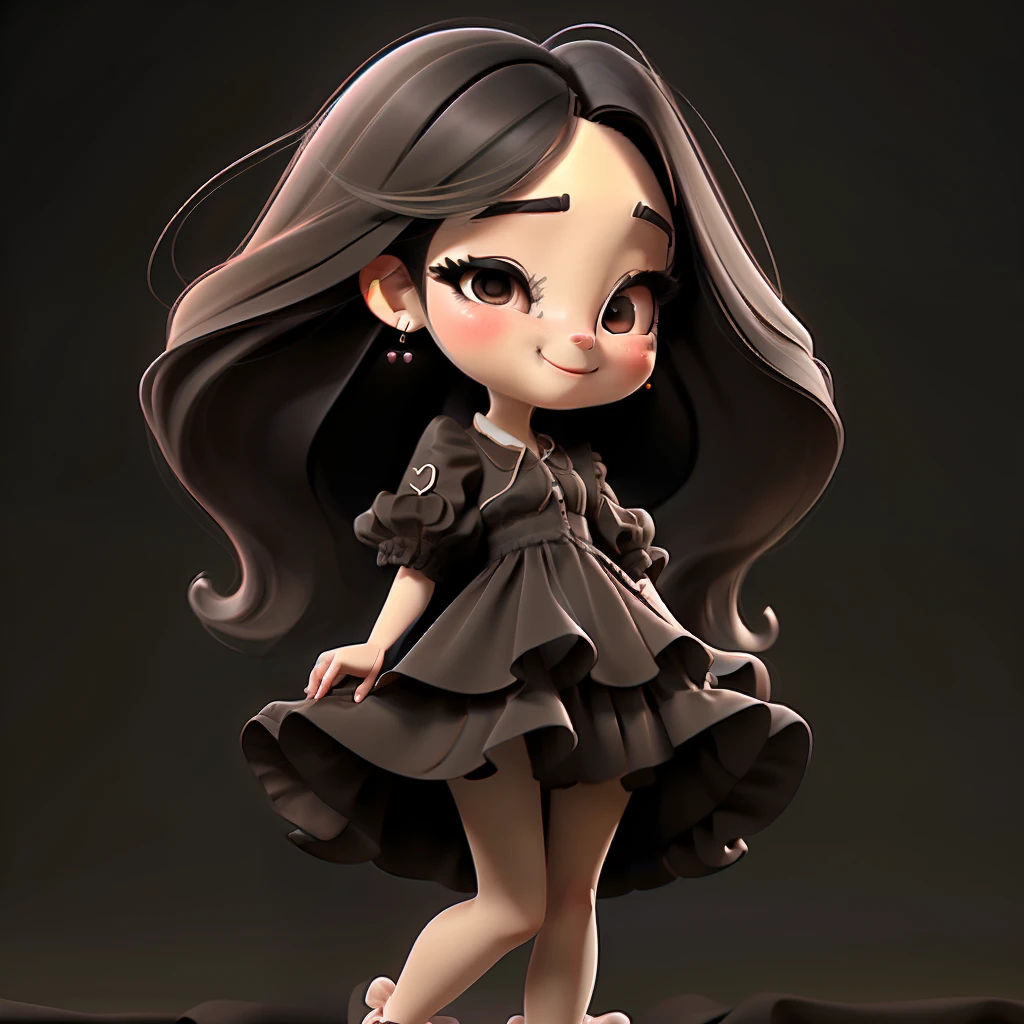 1girl, solo, long hair, BLACK eyes, black hair, smile, earrings, pajamas , short sleeves, jewelry, puffy sleeves, looking at viewer, dress, puffy short sleeves, upper body, simple background, BROWN dress, black background, blush, lips