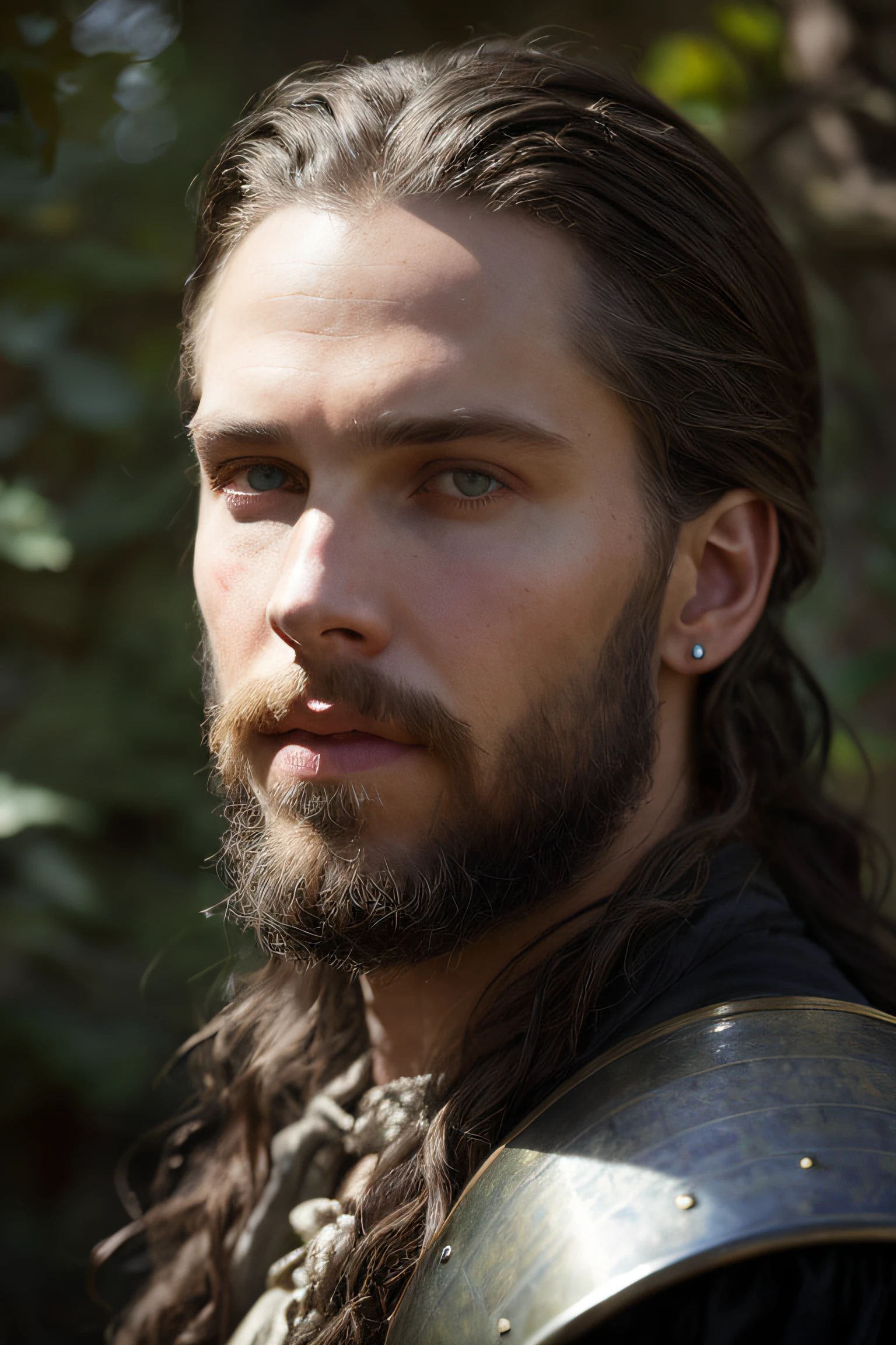 close up portrait of Austin Butler as a 26 years old fantasy male adventurer, pale skin, very long loose wavy shabby black hair parted in the middle, incredible grey eyes, long arched eyebrows, beard, fantasy adventurer clothes, intense look, fascinating, slim and athletic, in a big medieval city, (backlighting), realistic, masterpiece, highest quality, lens flare, shade, bloom, [[chromatic aberration]], by Jeremy Lipking, by Antonio J. Manzanedo, digital painting