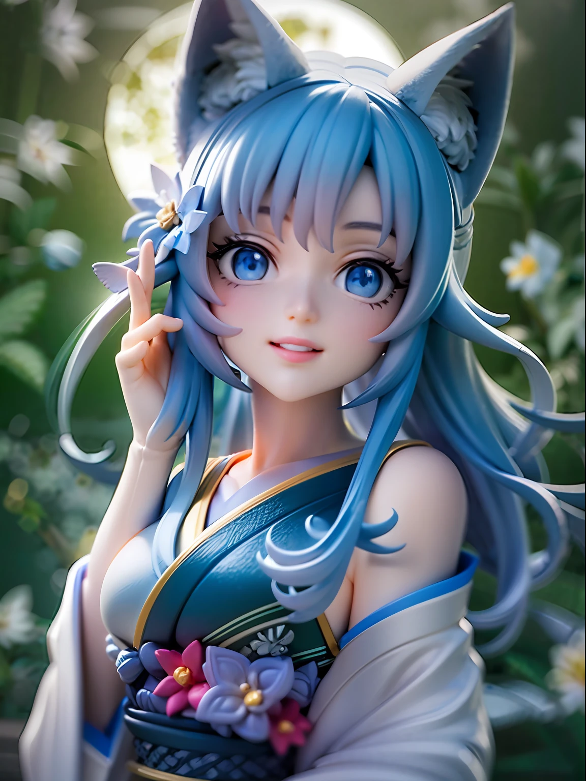 1girl, cat ears, cat tail, long blue hair, beautiful bright blue eyes, smiling, kimono, standing under a night sky with a full moon, surrounded by blue roses, [realistic], [3d], (8k, RAW photo, best quality, masterpiece:1.2), ultra high res, photo realistic, professional lighting, detailed lighting, professional photography, high quality, high res, extremely detailed, bloom, depth of field, sketch, sharp focus, soft lighting, detailed, detailed skin, to8contrast style.