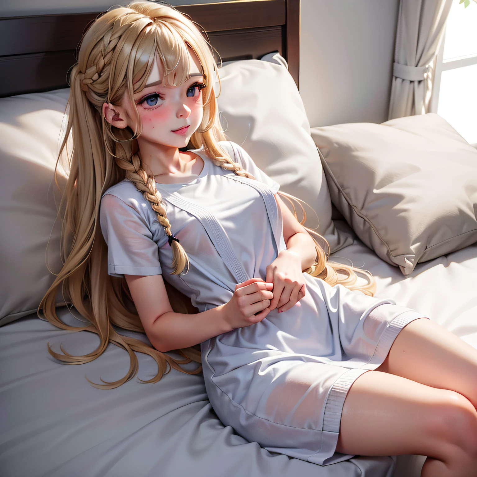 cabelos azuis longos cacheados, Braided hairstyle, Dormir na cama, natural  lightting, cor RAW, usando vestido curto de noite, 8k, ilustrador, master part, alta qualidade, 8k, high resolution, alto detalhamento, saia um pouco levantada mostrando mais as coxas, visible and excited nipples