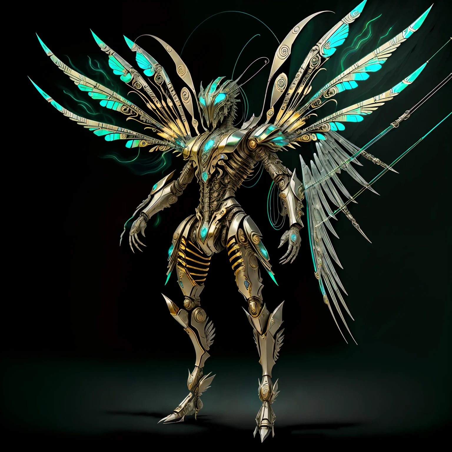Coleoptor possesses a sturdy carapace and iridescent wings, giving him a majestic appearance. His armor is adorned with tribal symbols, and he wields an energy bow that fires arrows of bright light. His posture is elegant, standing tall like a true elite archer. ciborgue, Mechanical angel wings, sci-fi limpo e elegante