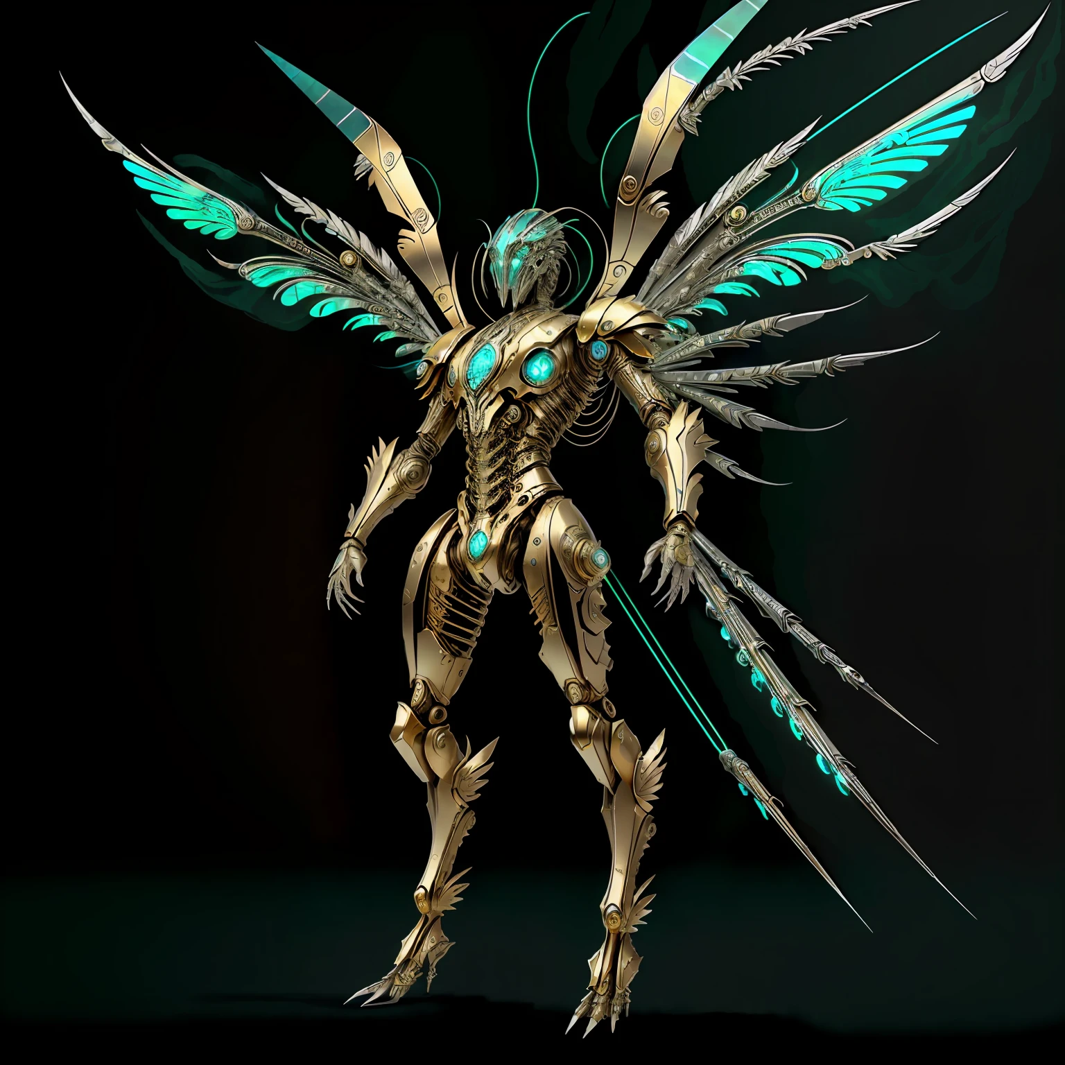 Coleoptor possesses a sturdy carapace and iridescent wings, giving him a majestic appearance. His armor is adorned with tribal symbols, and he wields an energy bow that fires arrows of bright light. His posture is elegant, standing tall like a true elite archer. ciborgue, Mechanical angel wings, sci-fi limpo e elegante