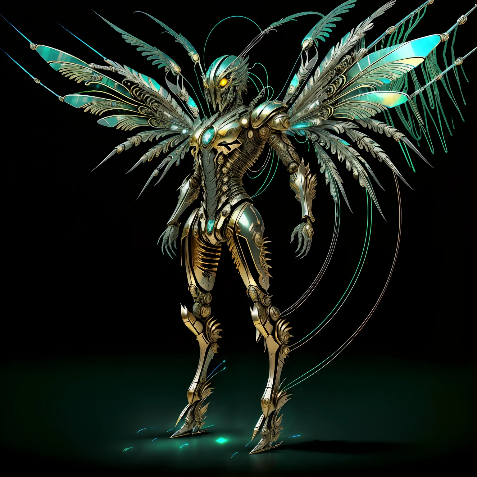 Coleoptor possesses a sturdy carapace and iridescent wings, giving him a majestic appearance. His armor is adorned with tribal symbols, and he wields an energy bow that fires arrows of bright light. His posture is elegant, standing tall like a true elite archer. ciborgue, Mechanical angel wings, sci-fi limpo e elegante