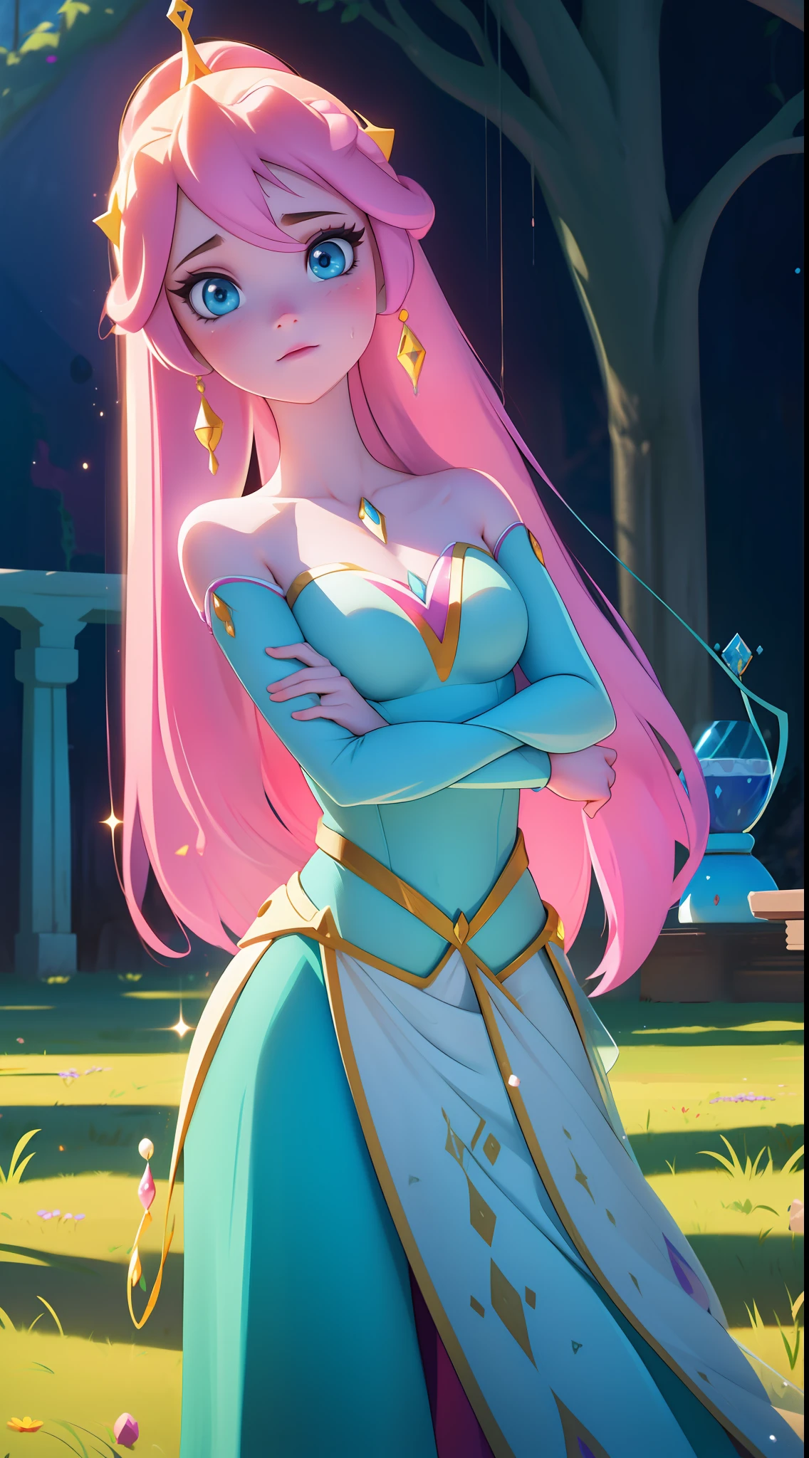 Elsa-Princess Bubblegum Fusion, melting, Roupas da Princesa jujuba, particulas de gelo e doce, reino doce, 1girl, Beautiful, (master part:1.2), (melhor qualidade:1.2), ((pose de luta)), ((campo de batalha)), cinemactic, olhos perfeitos, pele perfeita, perfect lighting, sorrir, luz, cor, pele texturizada, detalhe, Beleza, maravilha, ultra-detalhado, rosto perfeito