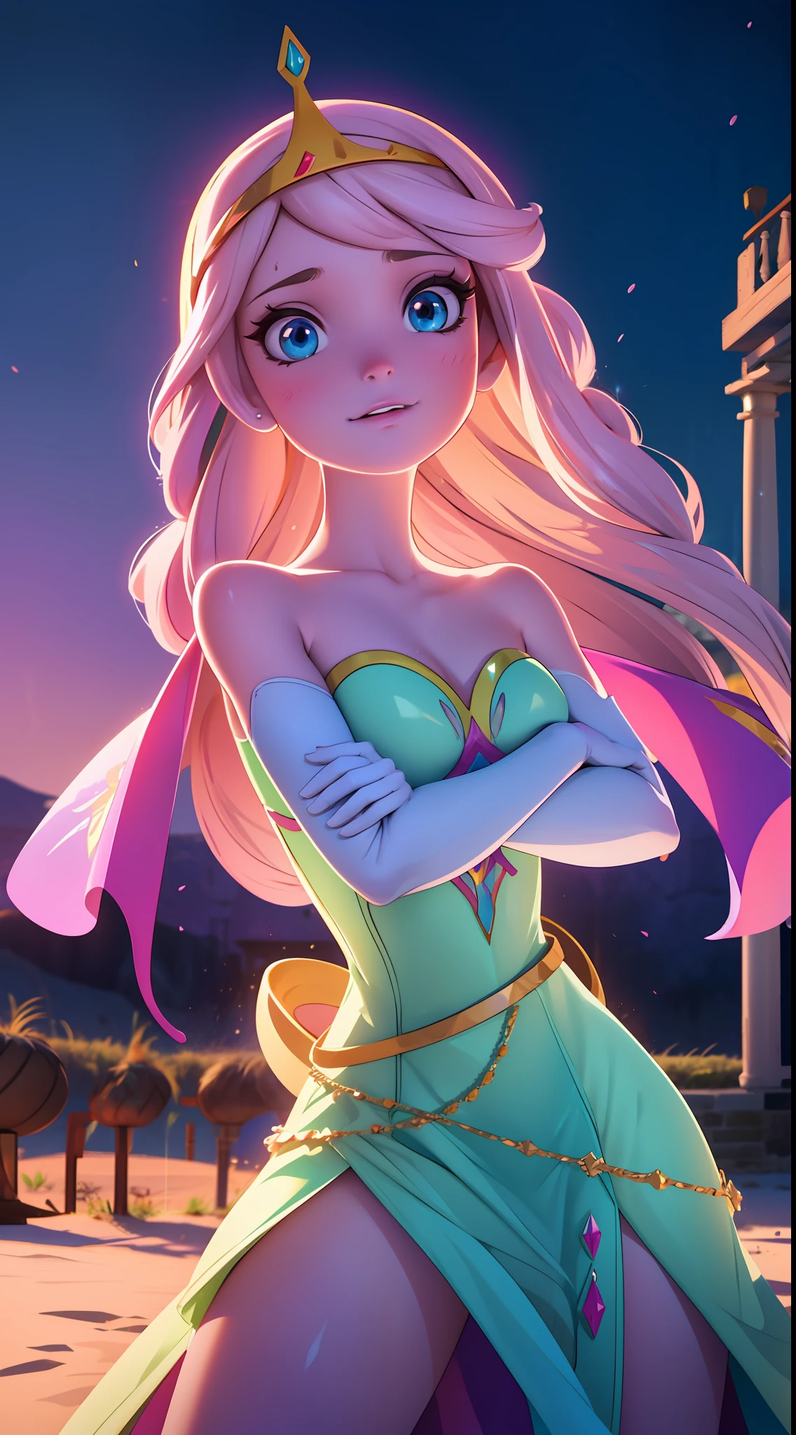 Elsa-Princess Bubblegum Fusion, melting, Roupas da Princesa jujuba, particulas de gelo e doce, reino doce, 1girl, Beautiful, (master part:1.2), (melhor qualidade:1.2), ((pose de luta)), ((campo de batalha)), cinemactic, olhos perfeitos, pele perfeita, perfect lighting, sorrir, luz, cor, pele texturizada, detalhe, Beleza, maravilha, ultra-detalhado, rosto perfeito