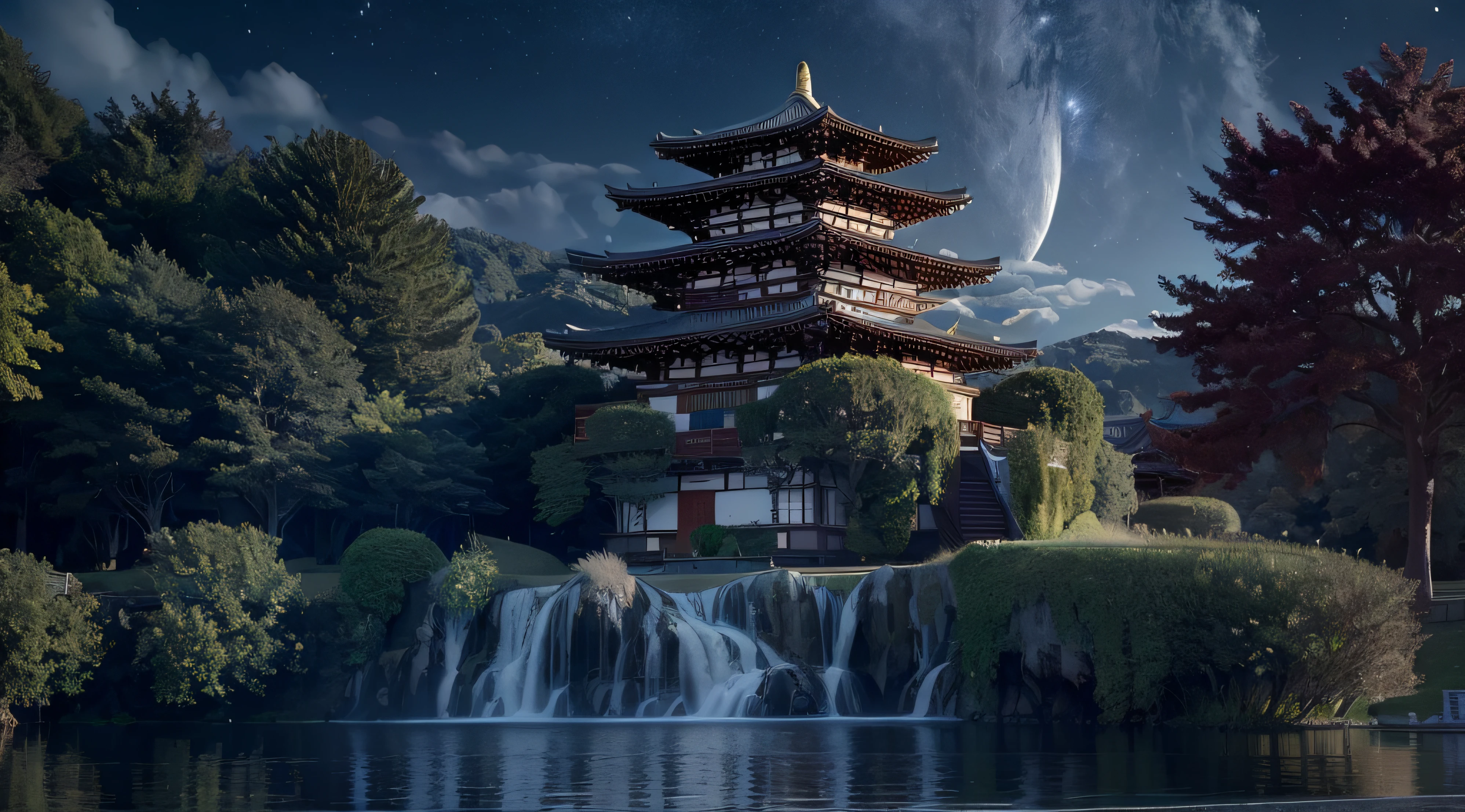 Masterpiece, best quality, high quality, extremely detailed CG unity 8k wallpaper, outdoor, sky, clouds, night, no humans, mountain, chinese style palace sits on the hillside, moonlight, cinemagraph, landscape, water, trees, dark sky, waterfall, cliff, nature, lake, river, cloudy sky, award winning photography, bokeh, depth of field, hdr, bloom, chromatic aberration, photorealistic, highly detailed, trending on artstation, trending on CGsociety, intricate, high detail, dramatic, halfway art